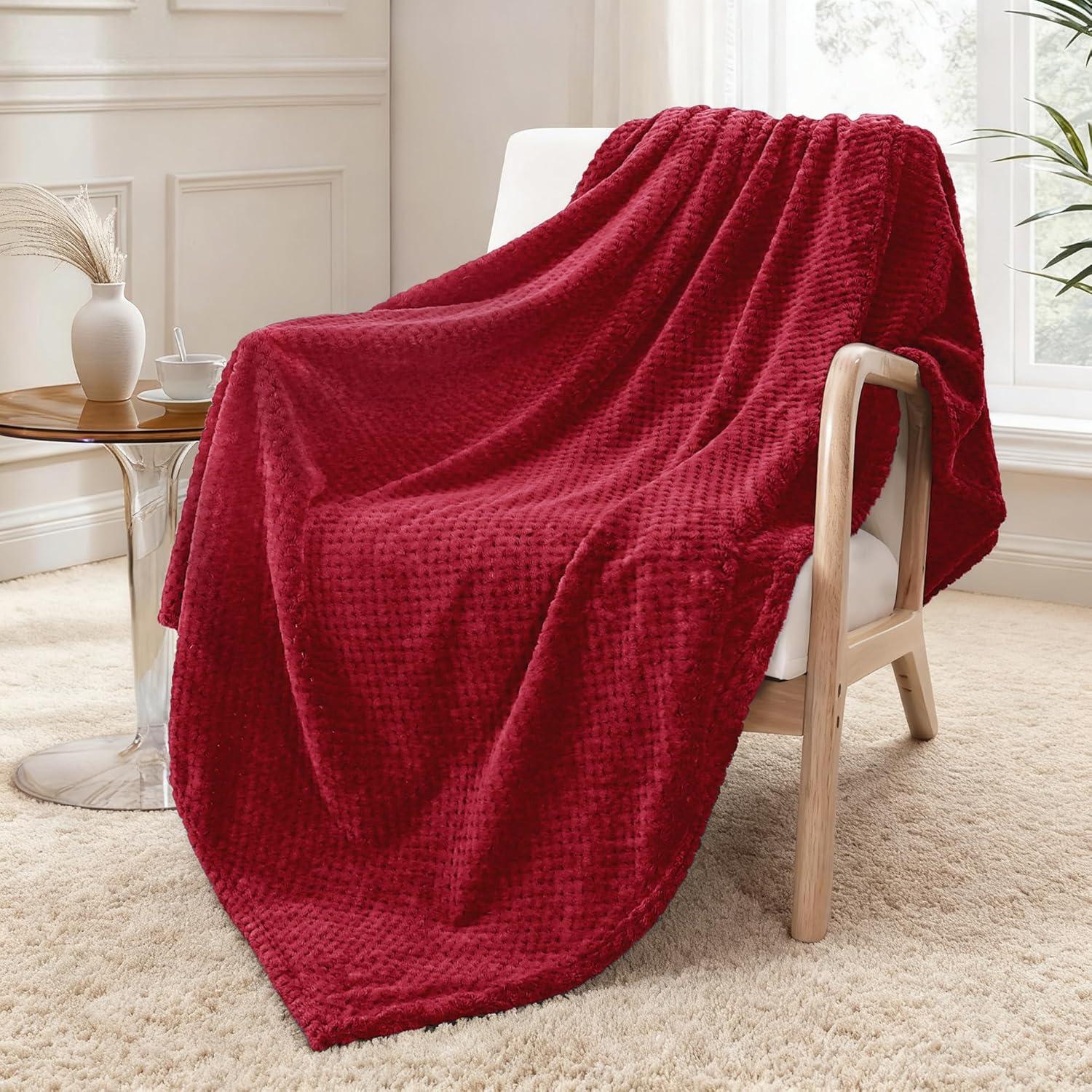 Exclusivo Mezcla Waffle Textured Extra Large Fleece Blanket, Super Soft and Warm Throw Blanket for Couch, Sofa and Bed (Burgundy, 50"x70")-Cozy, Fuzzy and Lightweight