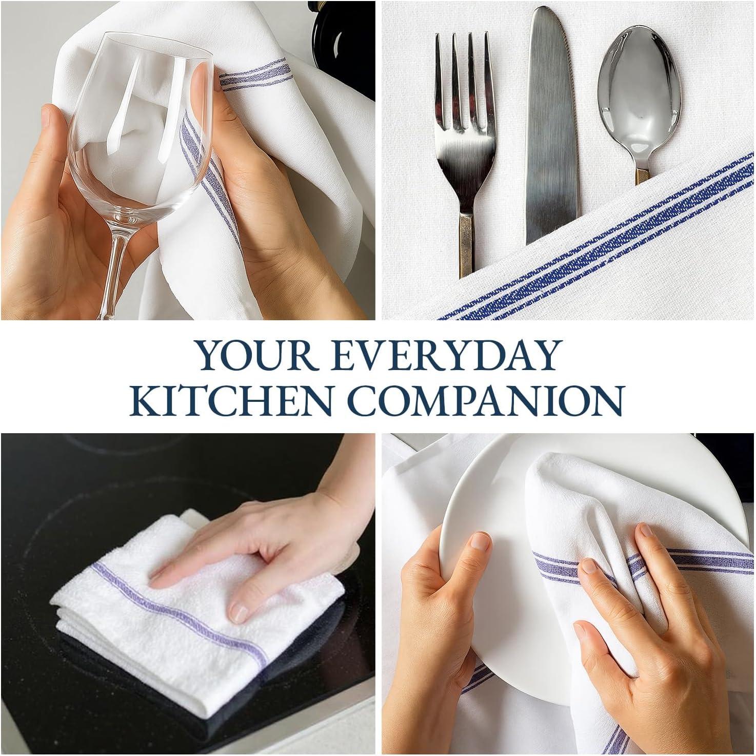 Kitchen Towels Set - 100% Pure Cotton Dish Towels for Kitchen, Super Absorbent Kitchen Hand Towel, Soft & Durable Dish Cloths, Pack of 12 – 15”x25”, Blue Stripe