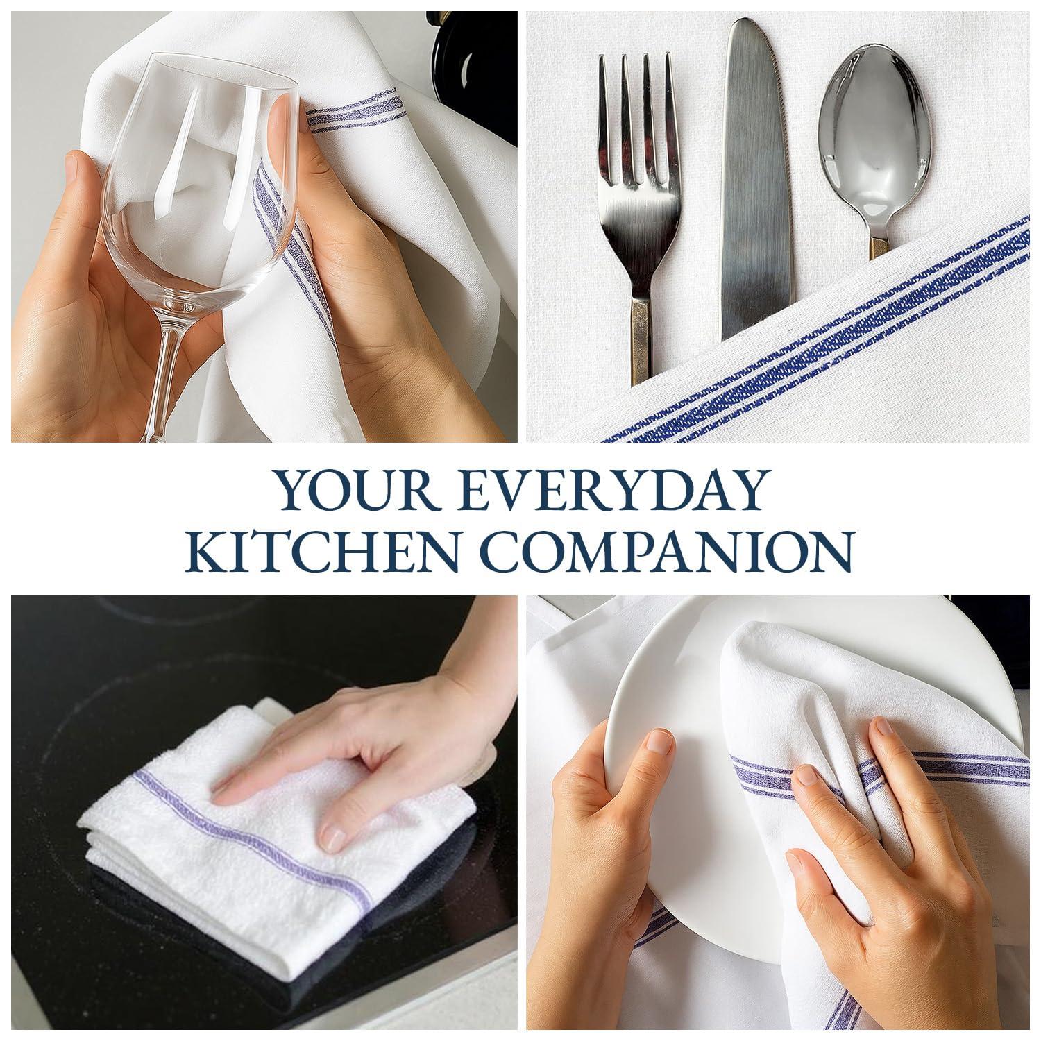 Kitchen Towels Set - 100% Pure Cotton Dish Towels for Kitchen, Super Absorbent Kitchen Hand Towel, Soft & Durable Dish Cloths, Pack of 12 – 15”x25”, Blue Stripe