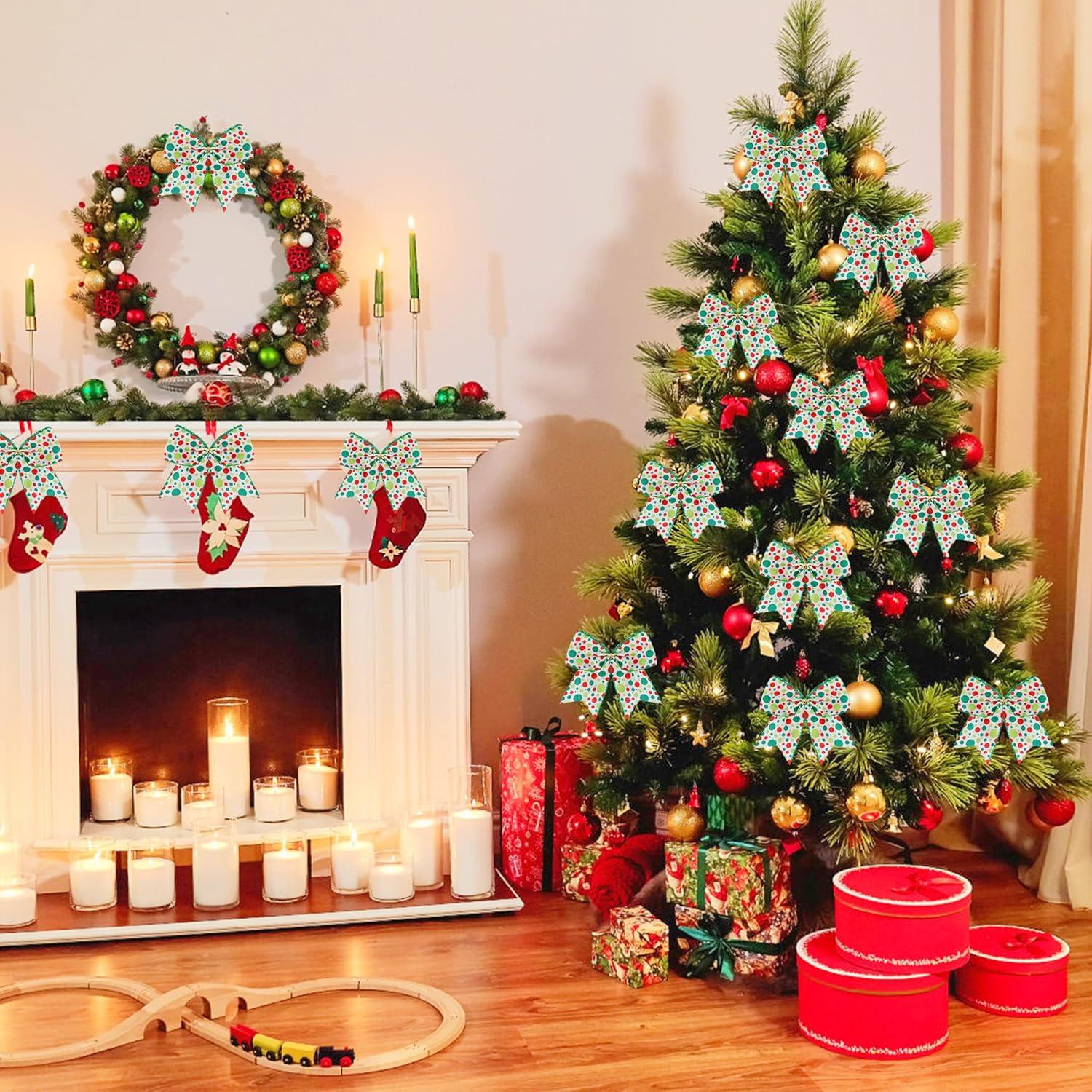 Sandistore Cute Cars 12pcs Christmas Tree Bows Ornaments 6 Inch Large Christmas Wreath Bows Red Green Xmas Tree Bows Christmas Glitter Dot Bows Ribbons Decoration For Garland Diamonds for Crafts