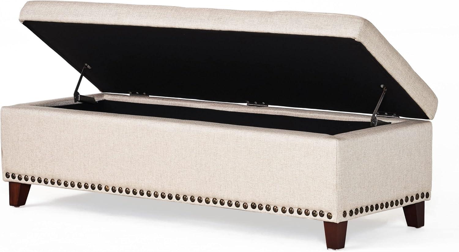 Beige Tufted Fabric Storage Ottoman with Nailhead Trim