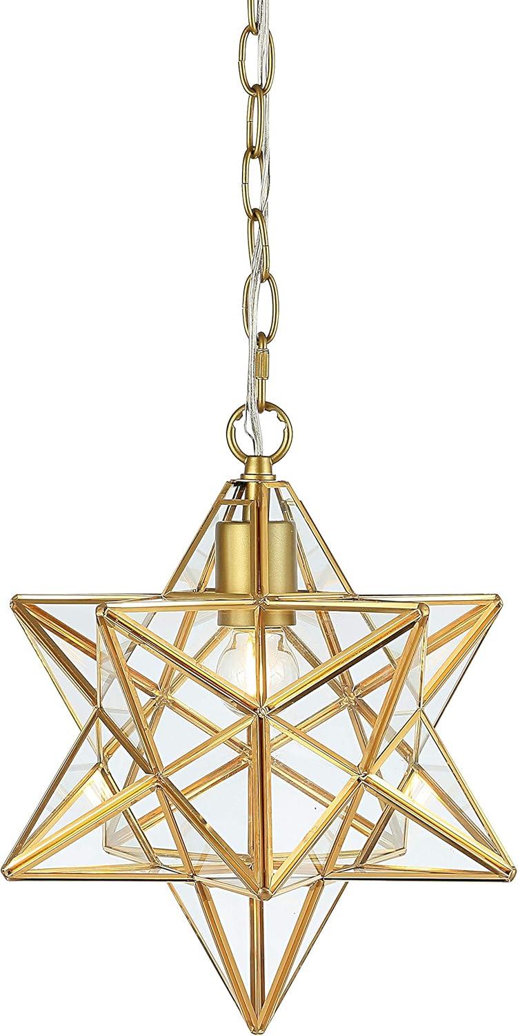 Stella 12" Moravian Star Metal/Clear Glass LED Pendant, Gold Leaf/Clear