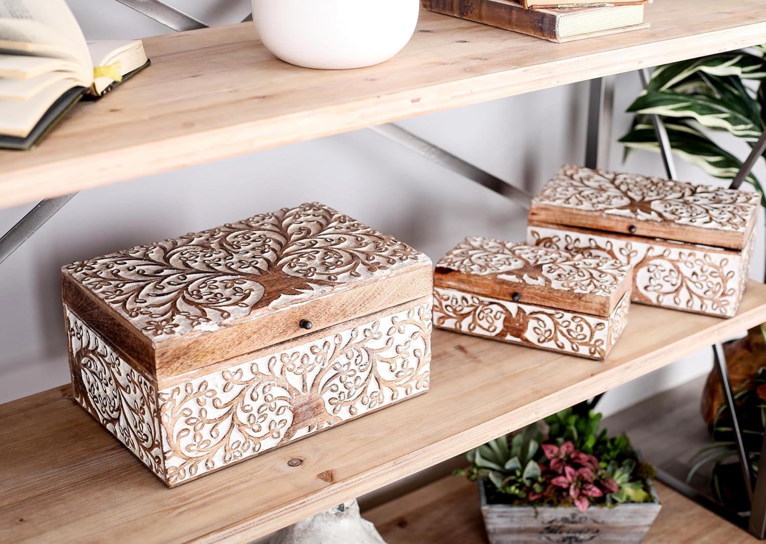 Olivia & May Set of 3 Rustic Carved Mango Wood Boxes : Handmade Keepsake Storage