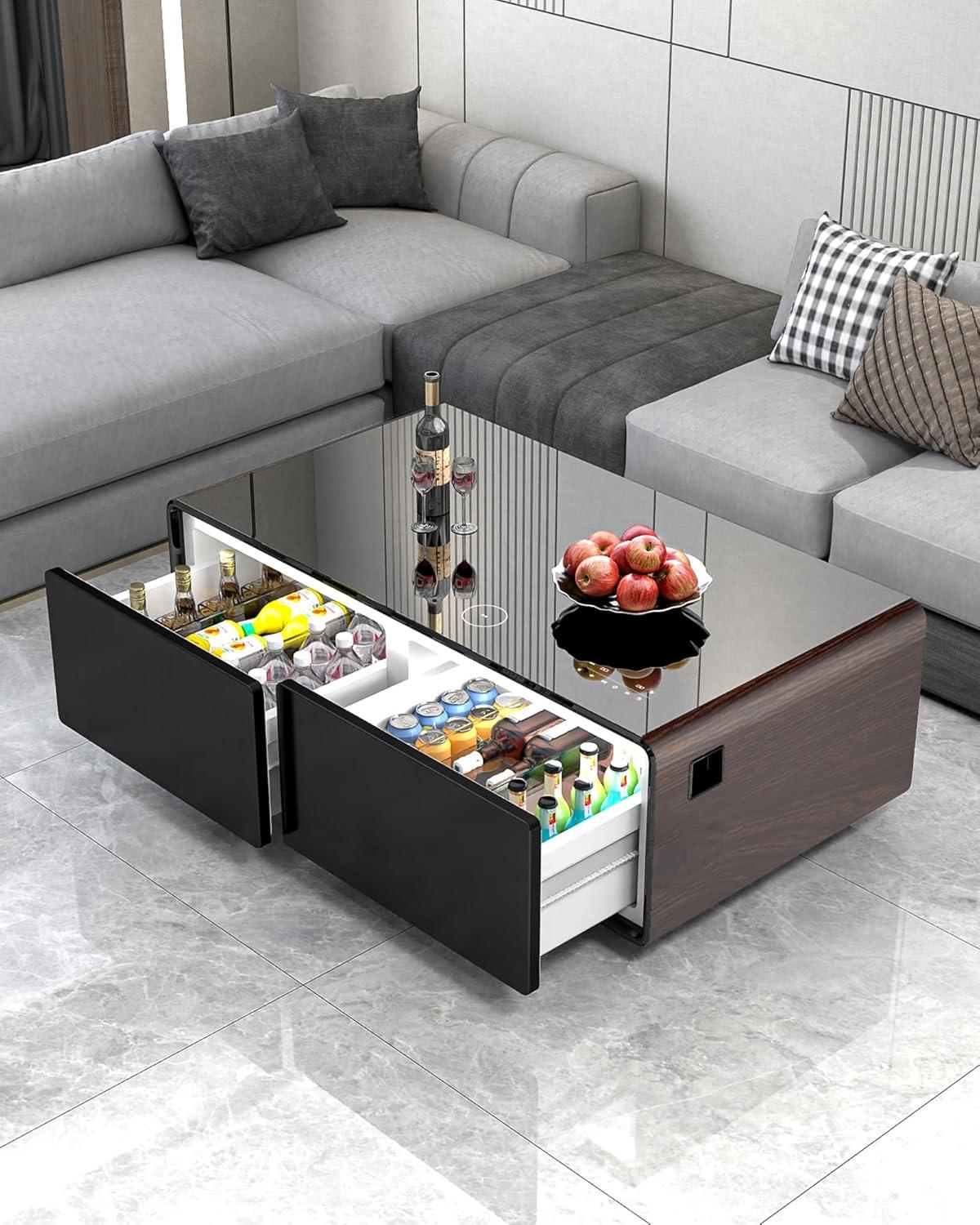 Livtab Smart Coffee Table with Built in Fridge, Bluetooth Speakers, Wireless Charging, Outlets, RGB Light, Brown