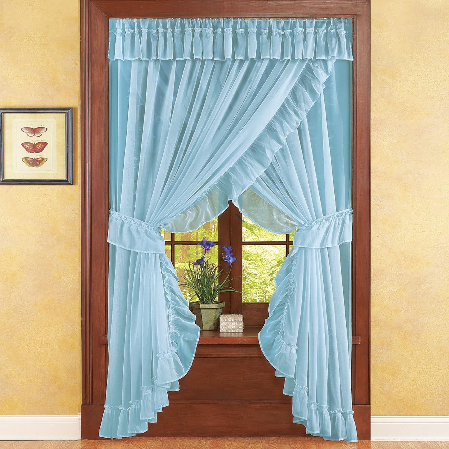Collections Etc Isabella Ruffled Sheer Fabric Rod Pocket Window Curtain Set, Blue