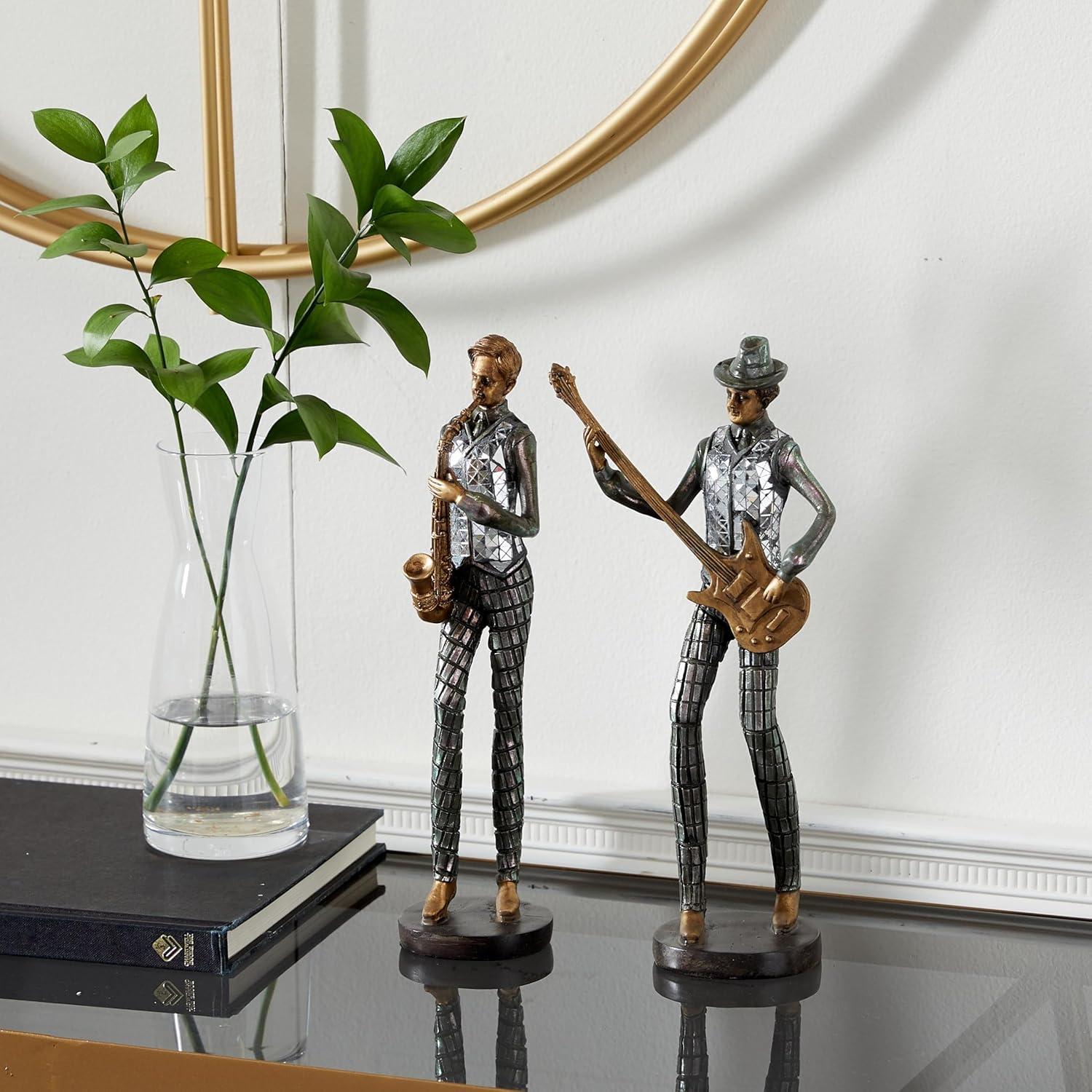 Silver Polystone Musician Sculptures Set of 2