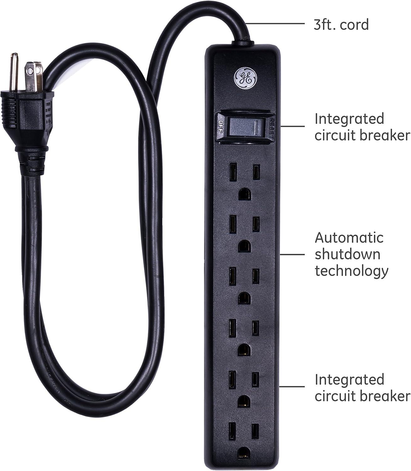 GE 3-ft 6-Outlet Surge Protector, 450J, Black, 2-Pack, 83969