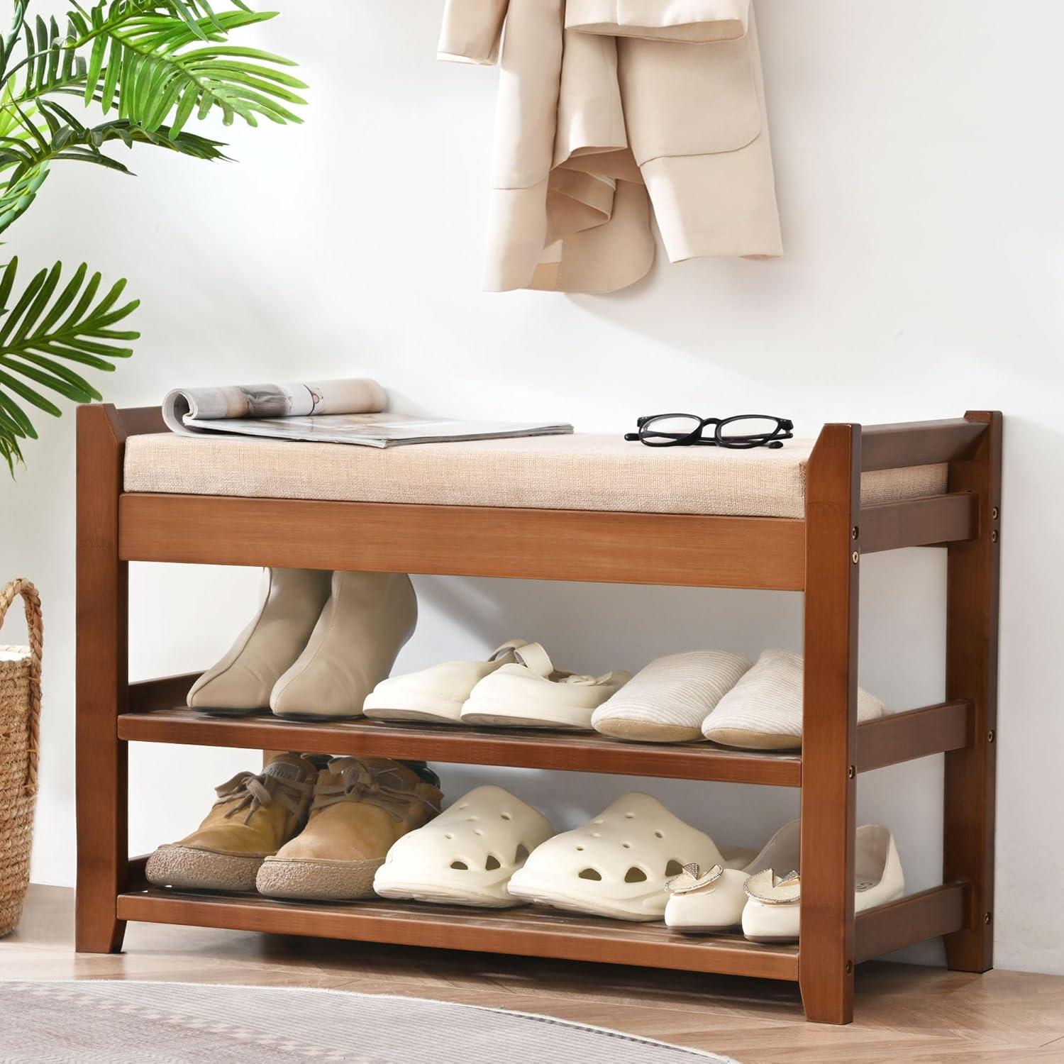 Bamboo Shoe Rack Bench with Beige Cushion and Storage