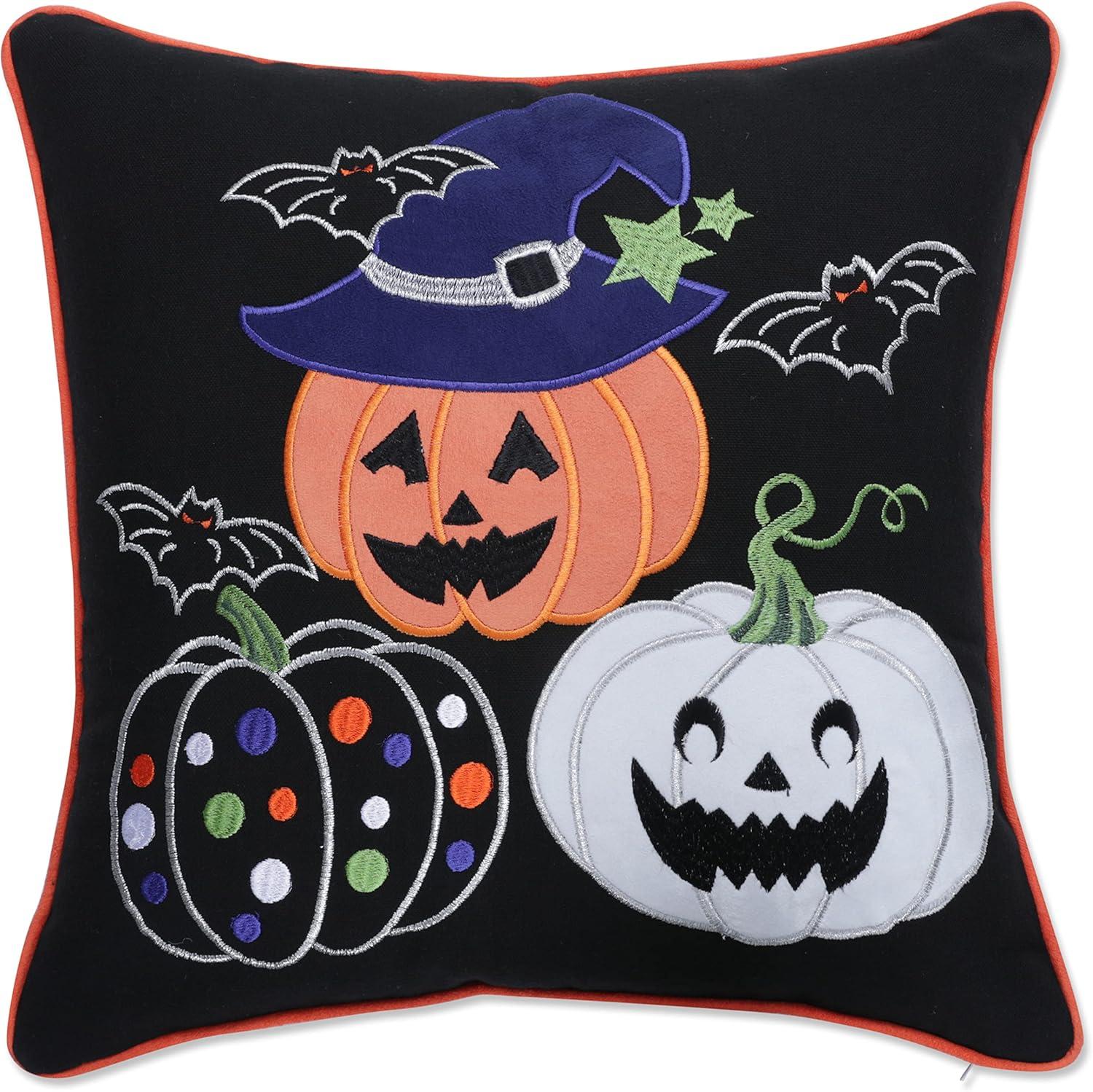 Black Halloween Pumpkin Embroidered Cotton Throw Pillow Cover