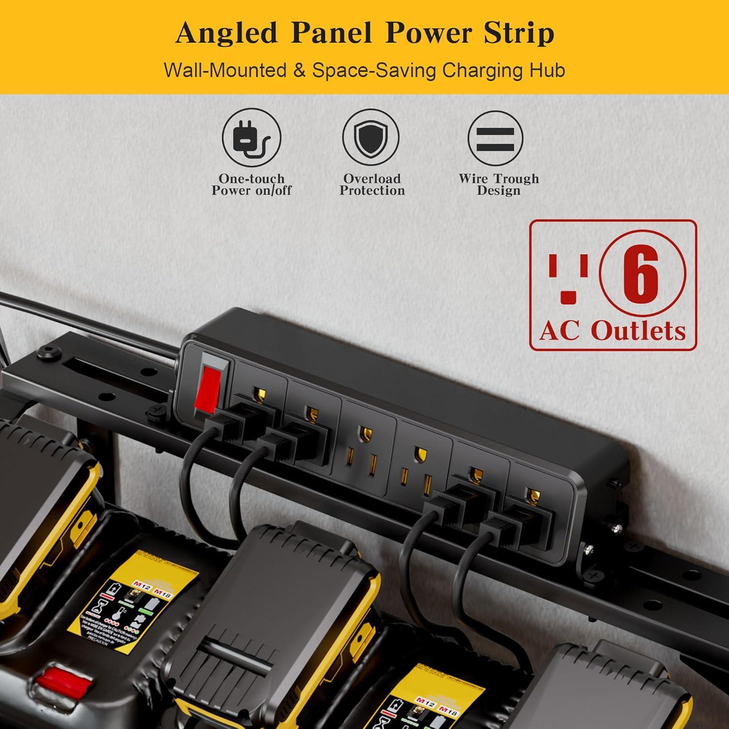 Spampur Power Tool Organizer Wall Mount with Charging Station, Garage Tool Shelf 6 Drill Holders, Tool Battery Holder with Plier holder Heavy Duty Rack, Tool Storage Rack with 4 Outlet Power Strip