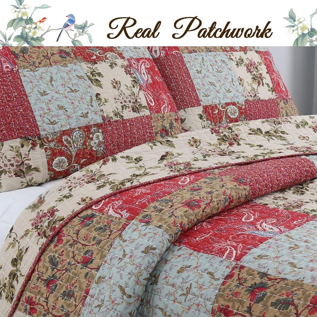 Queen Blue and Red Cotton Reversible Patchwork Quilt Set