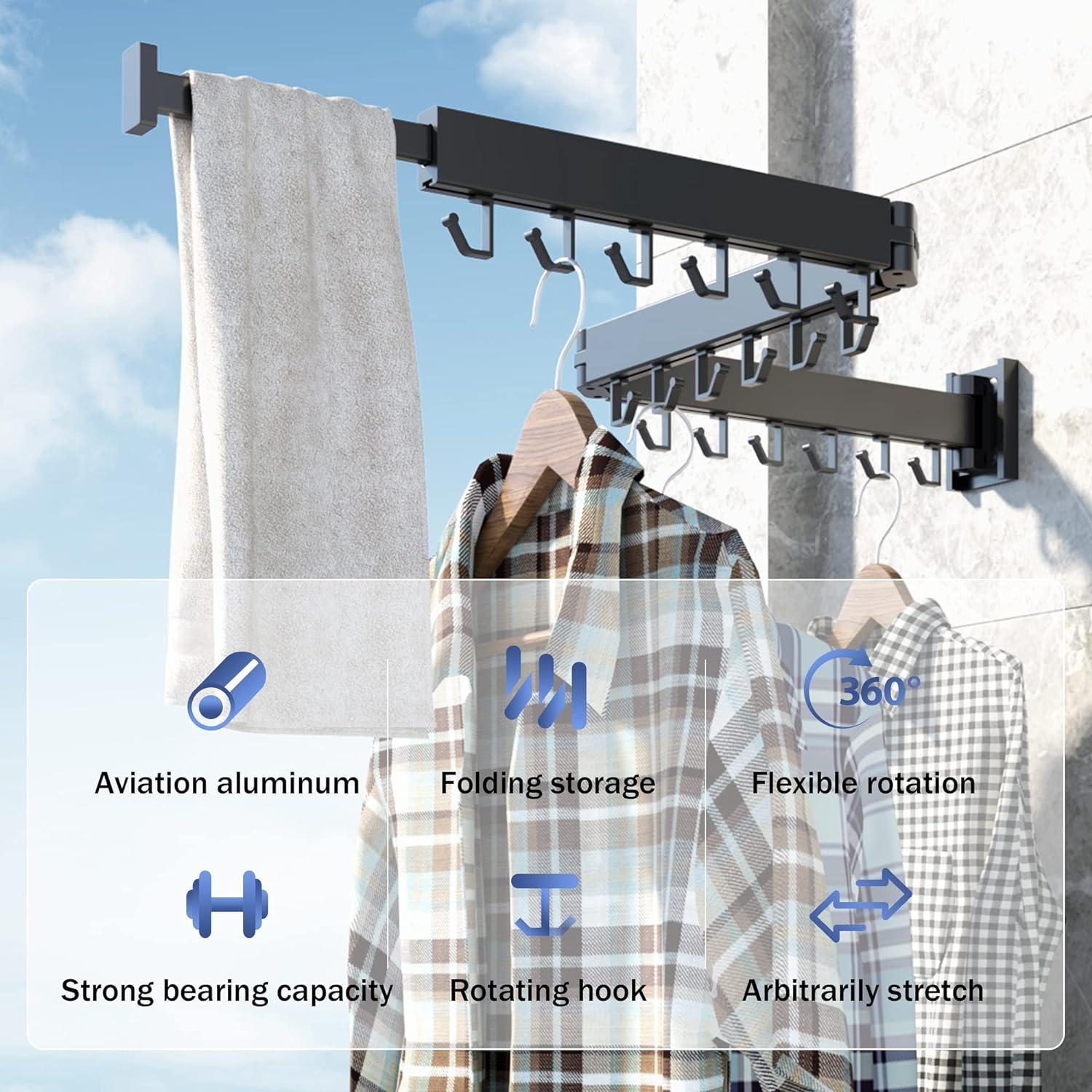 Retractable Wall Mounted Clothes Drying Rack: Folding Laundry Hanger with Collapsible Design and J Shape Hooks