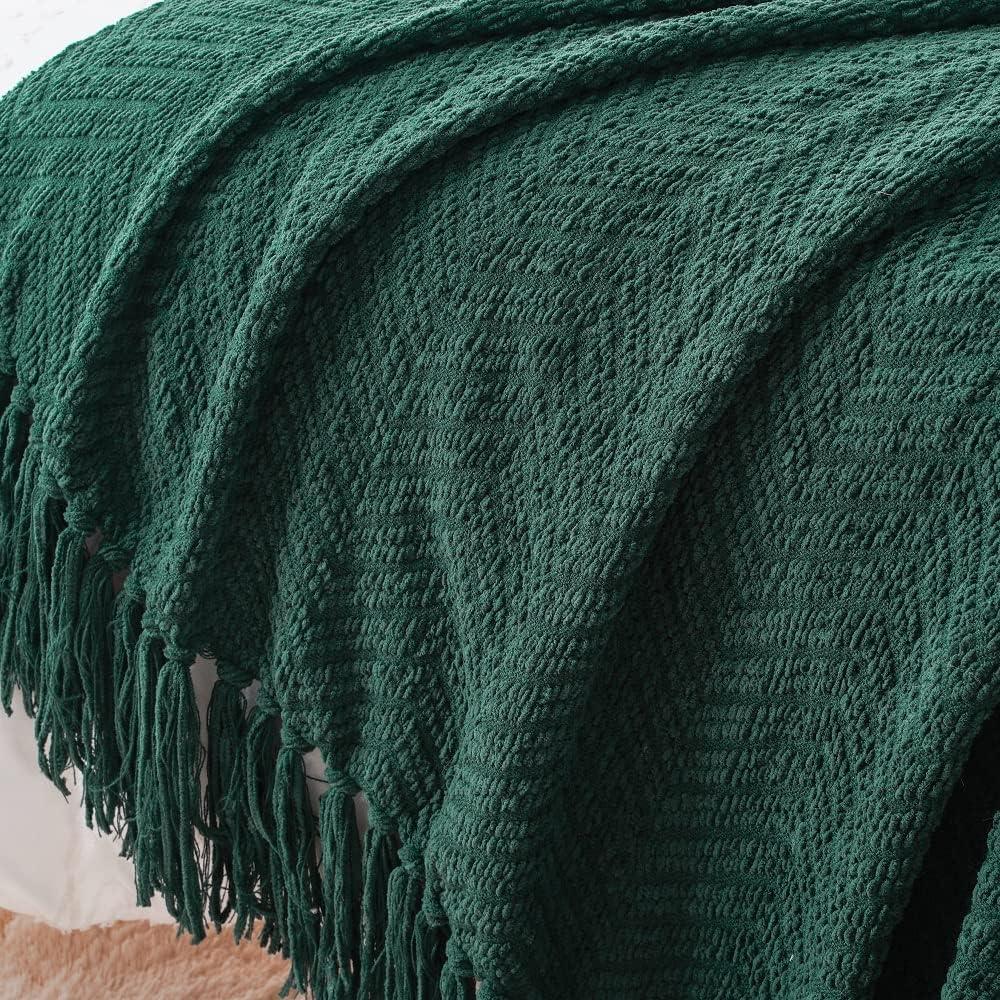 Battilo Forest Green Throw Blanket,Herringbone Knit Christmas Throw, Housewarming Gifts,50" x 60"