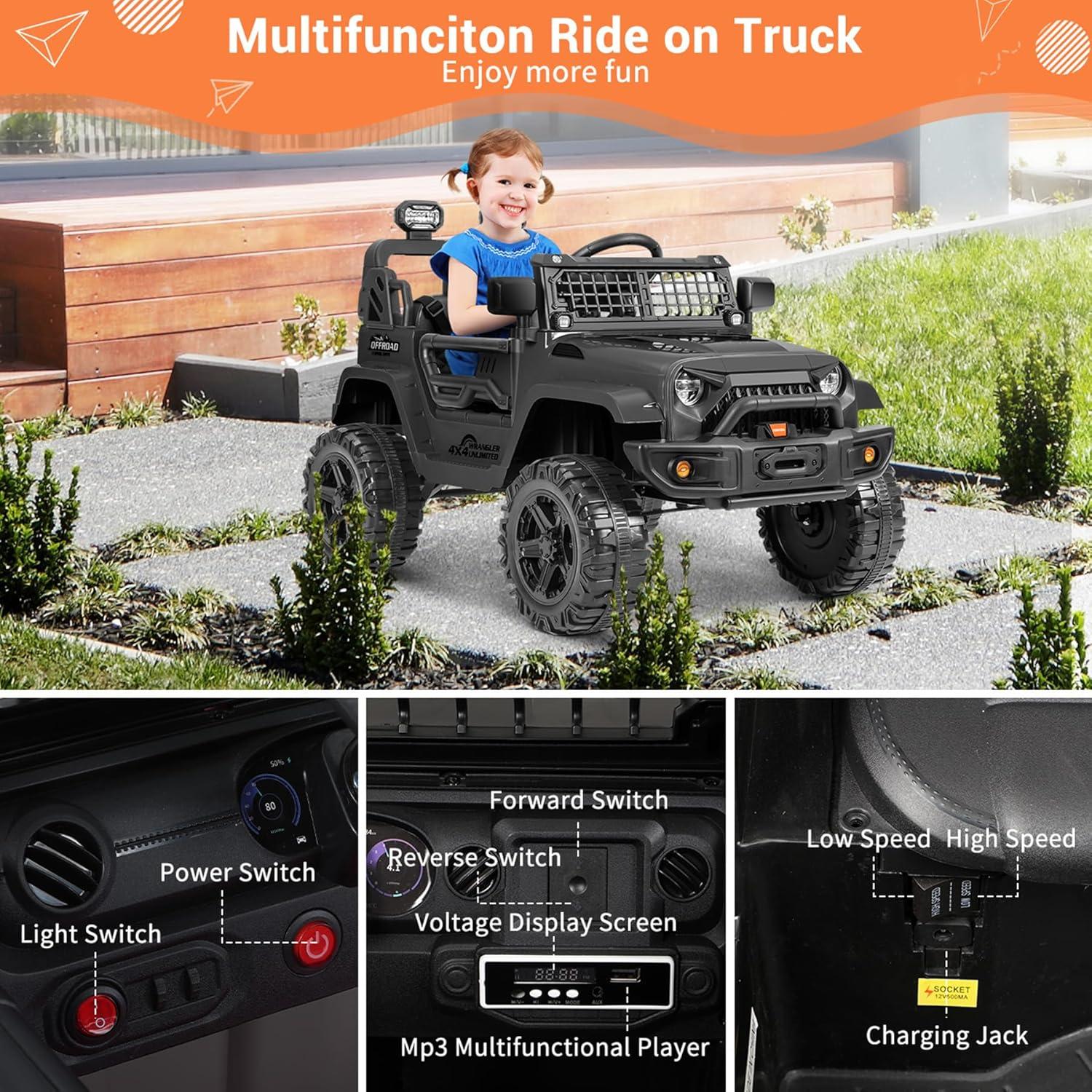 Black 12V Off-Road Kids Electric Ride-On Truck