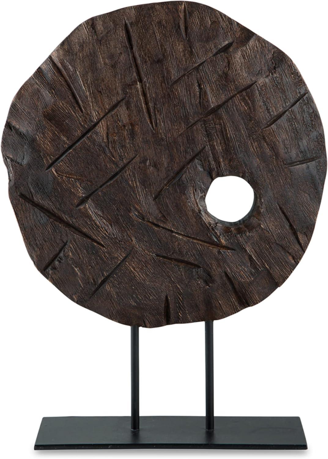 Antiqued Brown Wood Sculpture with Black Metal Base