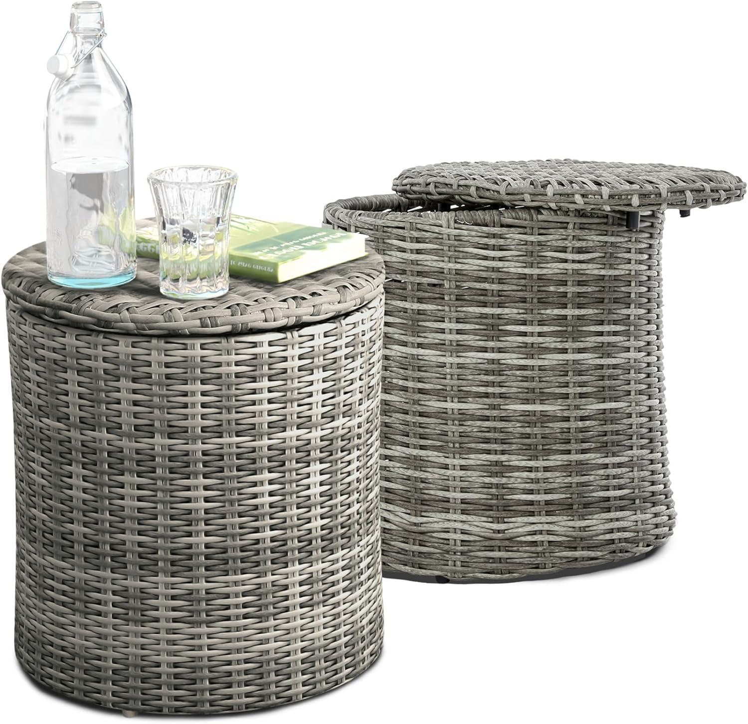 Gray Round Wicker Outdoor Side Table with Storage