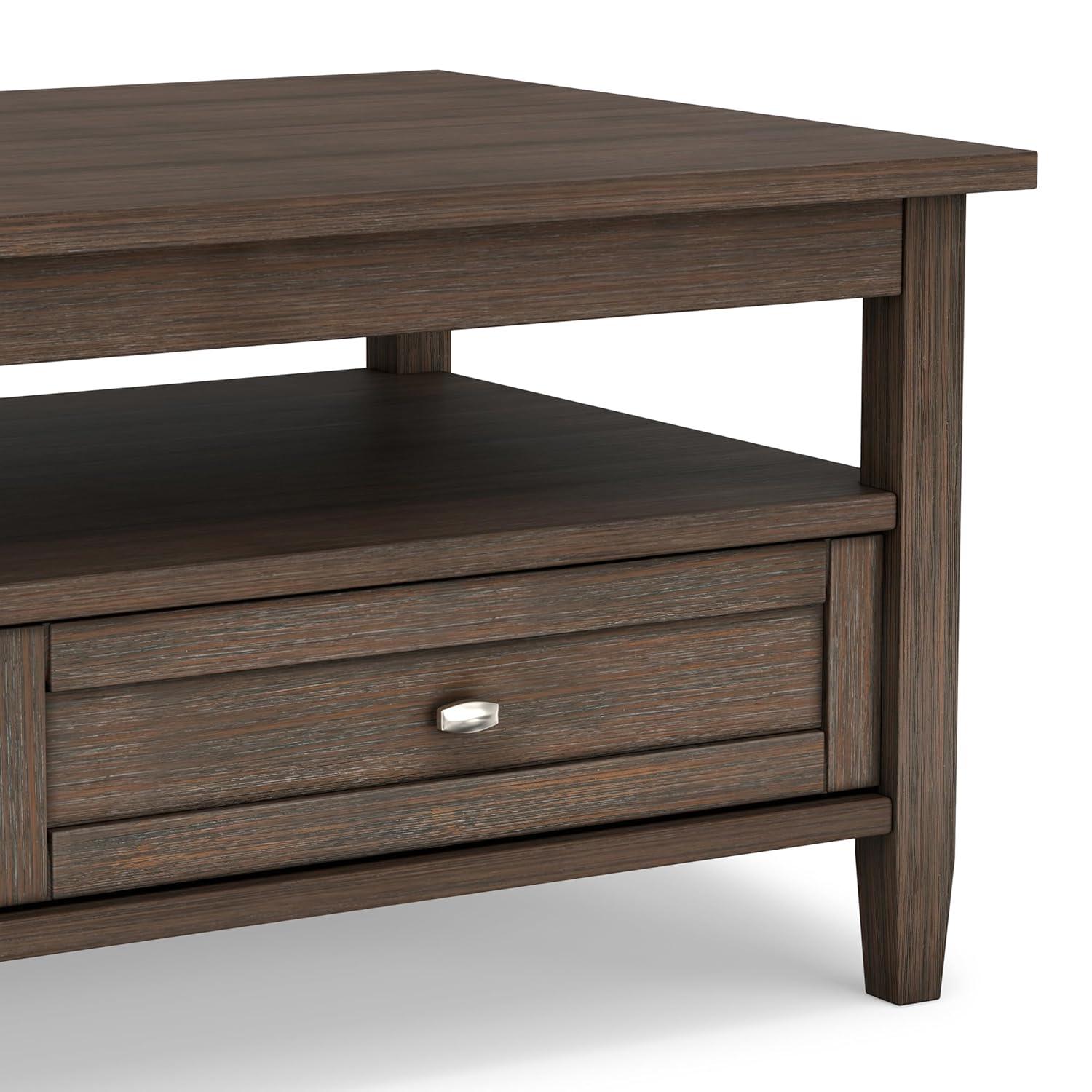 Simpli Home Warm Shaker 48"W Solid Wood Coffee Table with Two Storage Drawers and Open Shelf