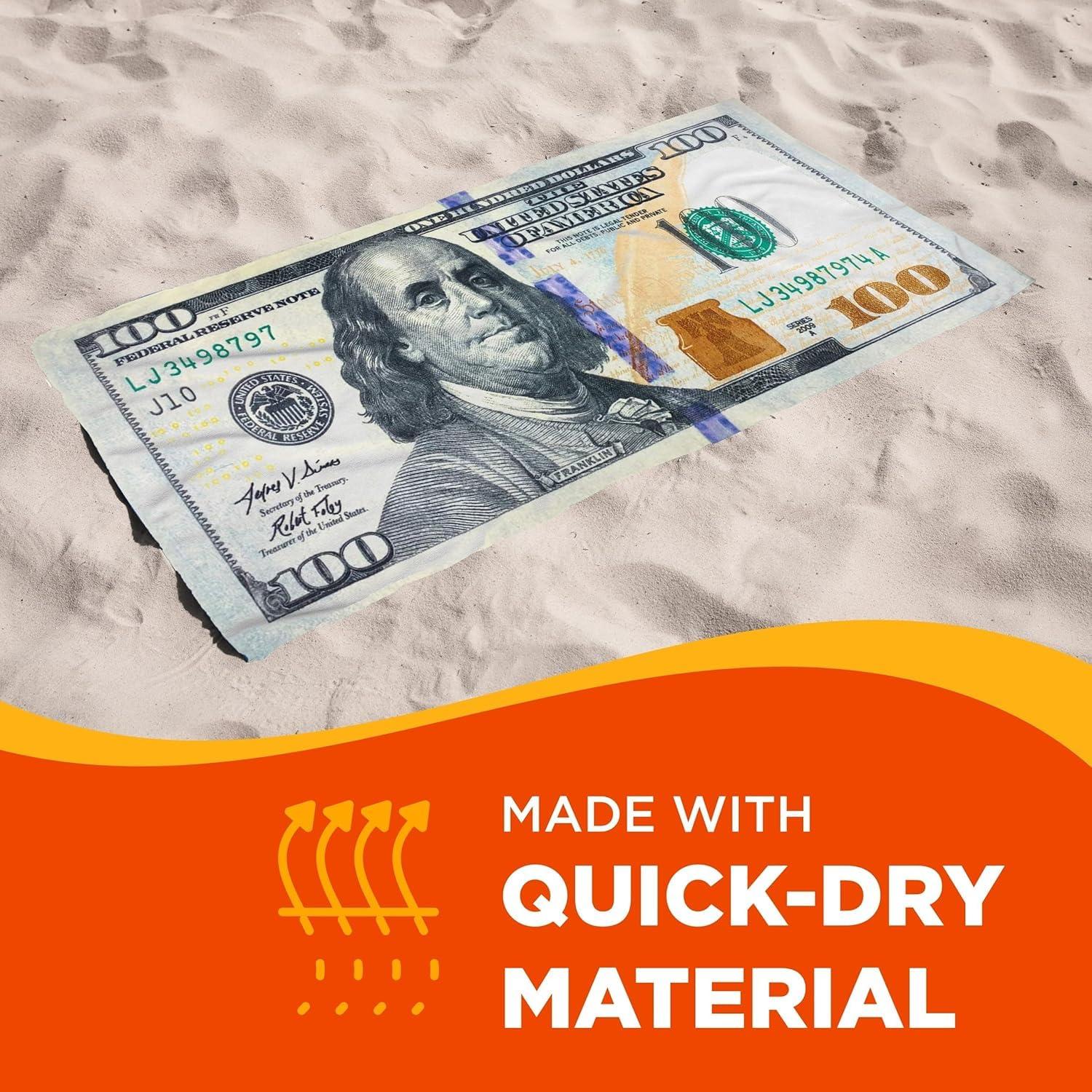 Kaufman - Printed Beach and Pool Towel Set, 100% Cotton, 30 inch x 60 inch (American Flag/100 Dollar Bill)