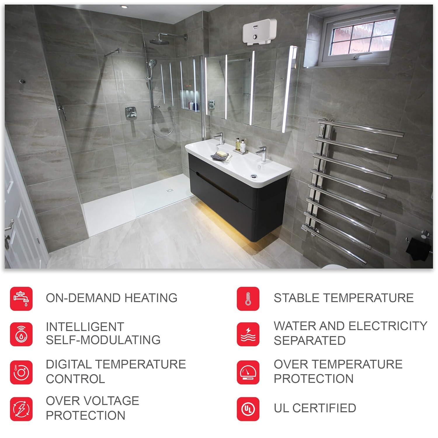 Atmor 13kW/240V Electric Tankless Water Heater Includes Pressure Relief Device, Ideal for a Full Bathroom