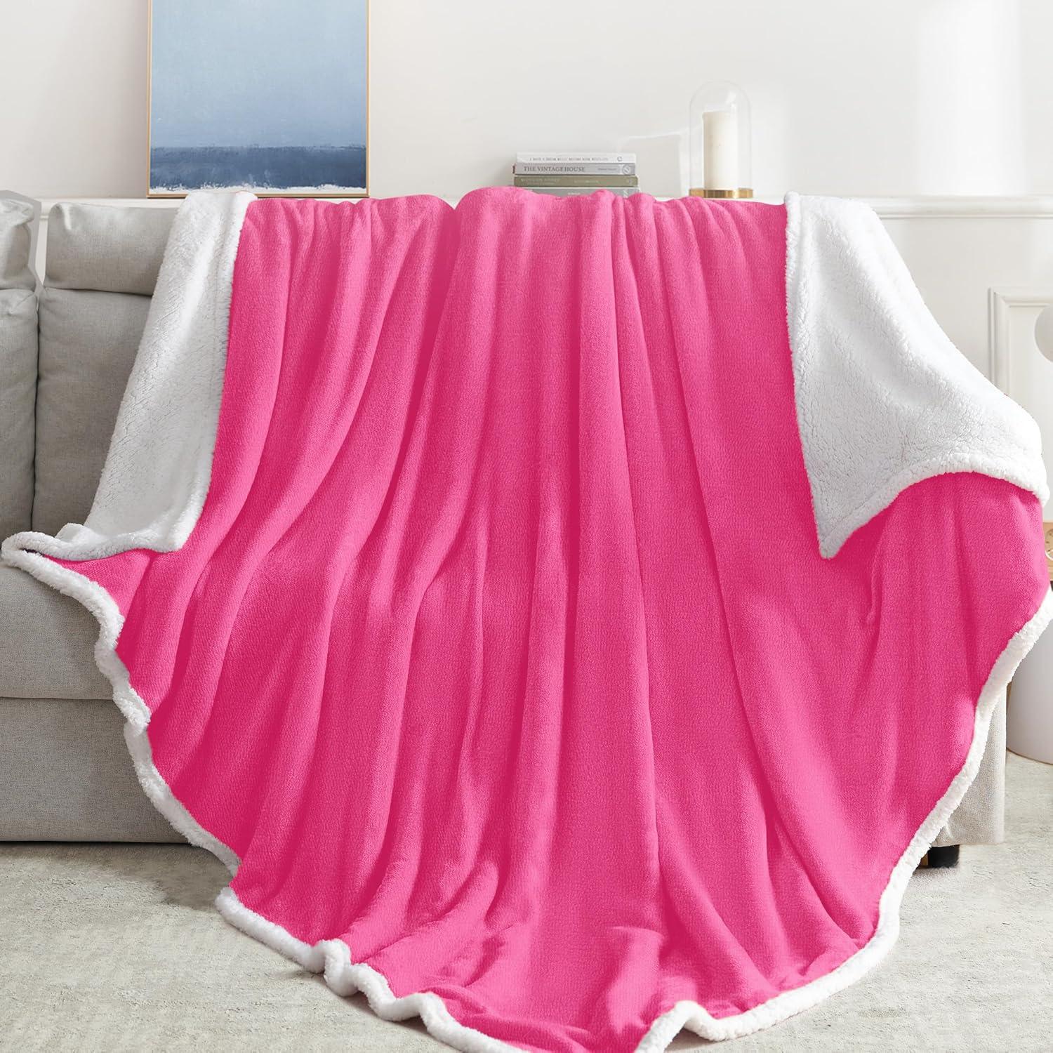 Queen Pink Reversible Sherpa Fleece Throw Blanket