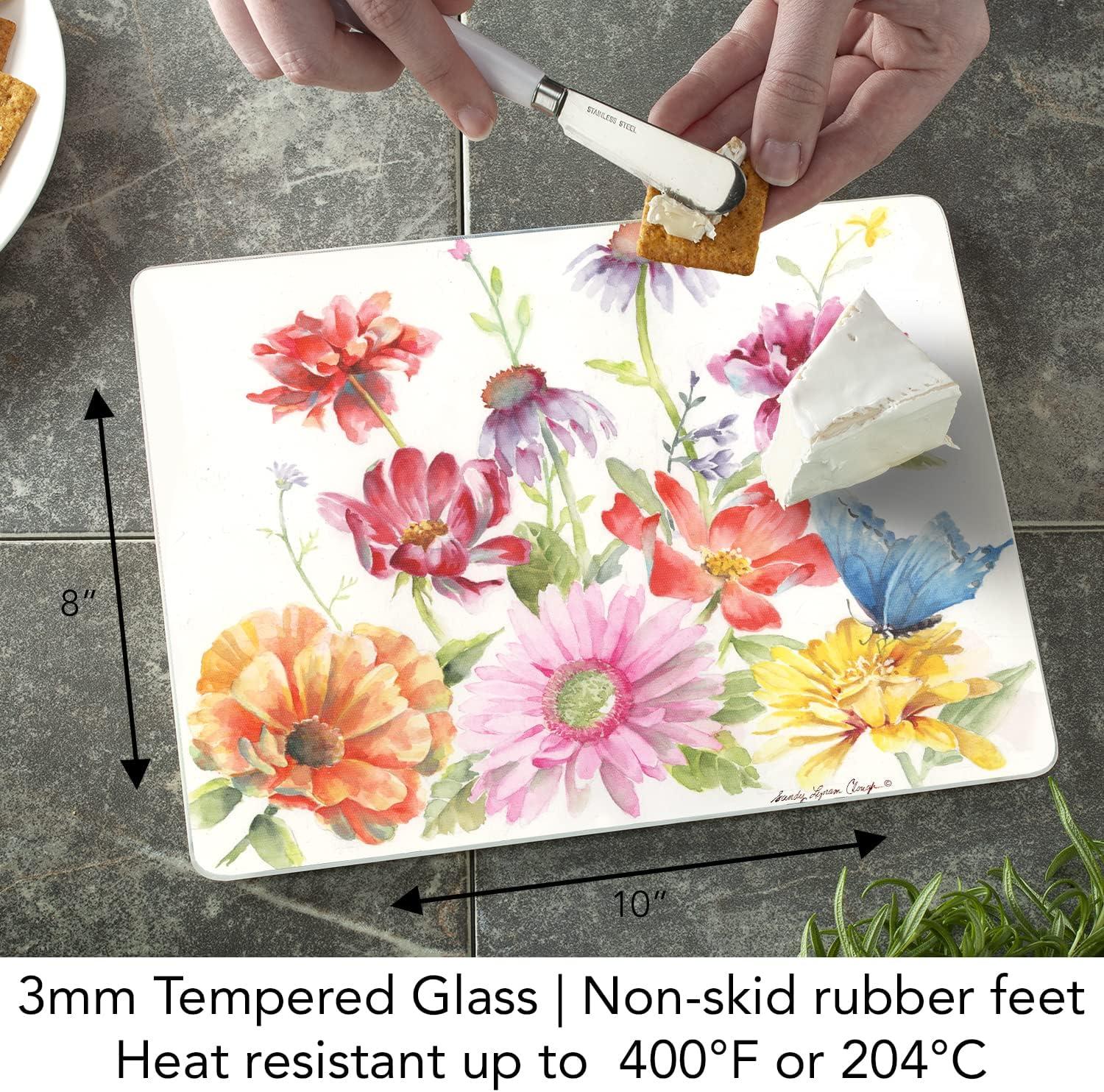 Butterfly Meadow Tempered Glass Cutting Board with Floral Design