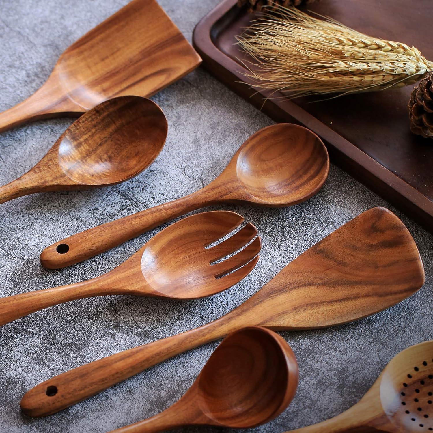 Sandistore Plate Mates Set 7PCS Wooden Cooking Utensils Kitchen Utensil Natural Teak Wood Kitchen Utensils Tool Nonstick Hard Wooden Spatula And Wooden Spoons