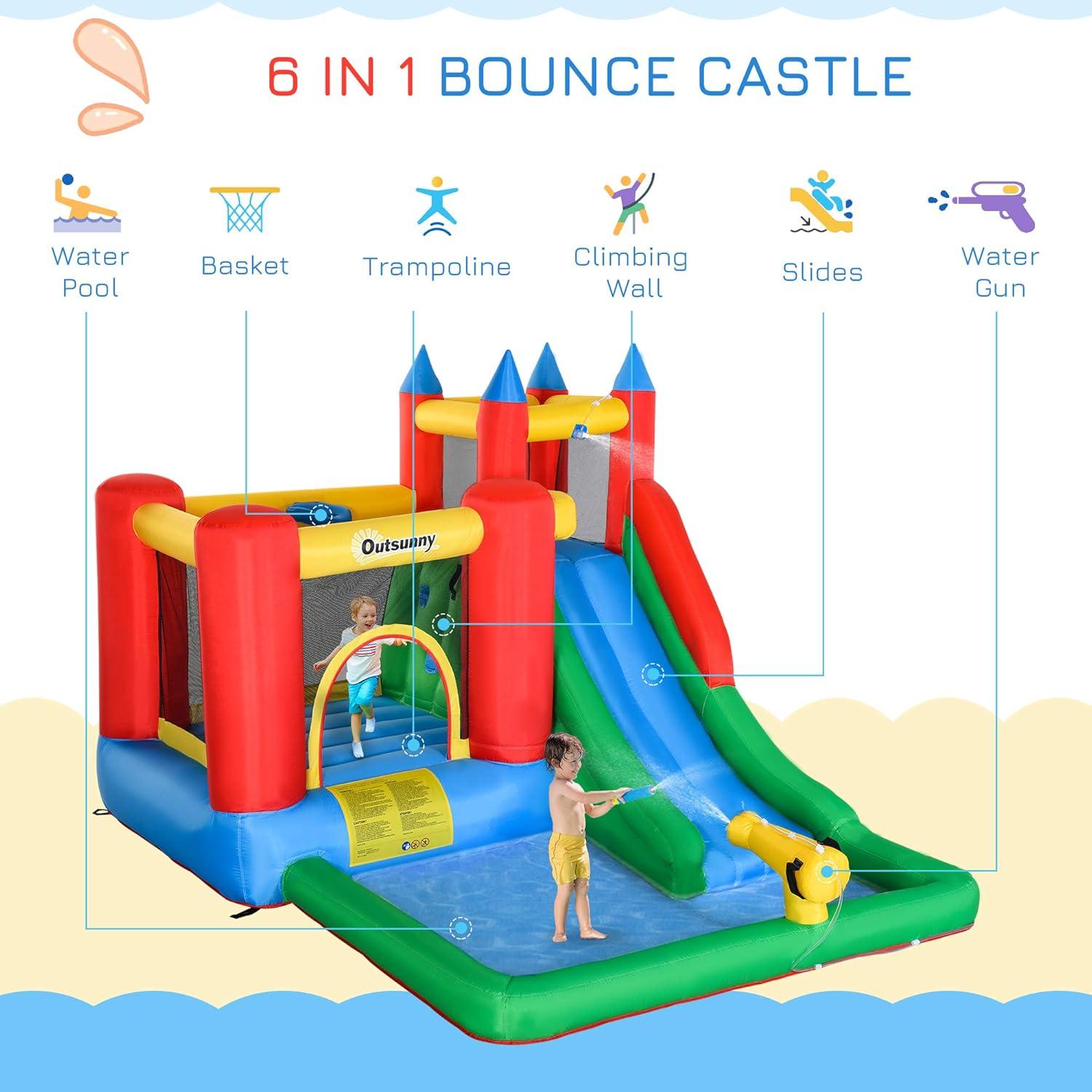 Outsunny 6-in-1 Kids Bounce House & Water Slide, 264 lbs, Ages 3-8