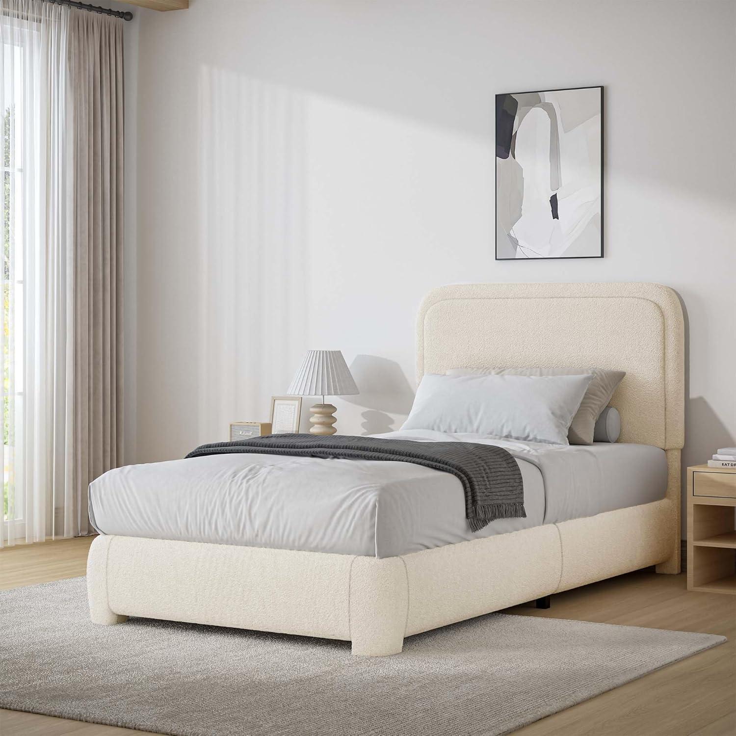 Manfred Boucle Upholstered Cloud Bed Frame with Rounded Corners Headboard, Soft Platform Bed Frame with Thickened Footboard