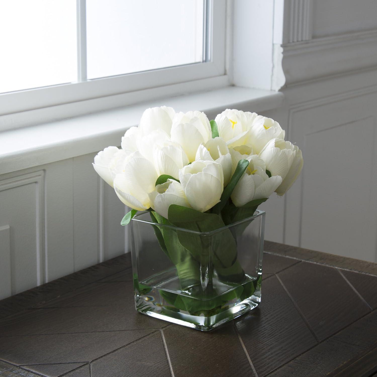 Tulip Floral Arrangement in Vase- 24 Cream Artificial Flowers with Leaves in Decorative Clear Glass Square Bowl & Faux Water for Décor by Pure Garden