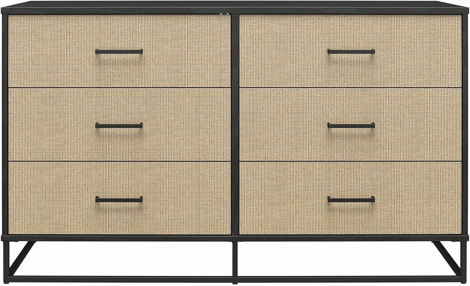 Coastal Black Oak & Faux Rattan 6-Drawer Dresser