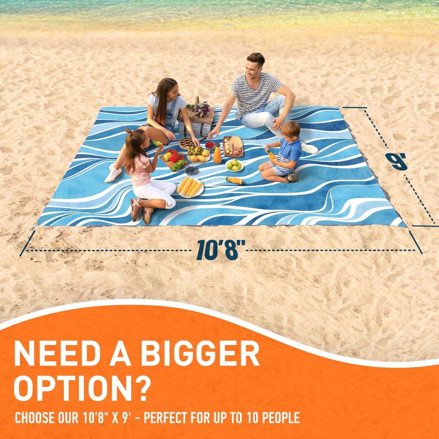 Everlasting Comfort 6-Person Beach Blanket, Oversized Extra Large Beach Mat, Tulum Blue