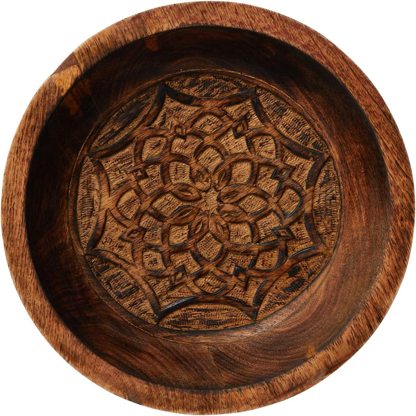 Creative Co-Op Boho Carved Wood Bowl with Interior Design, Natural, Burnt Finish