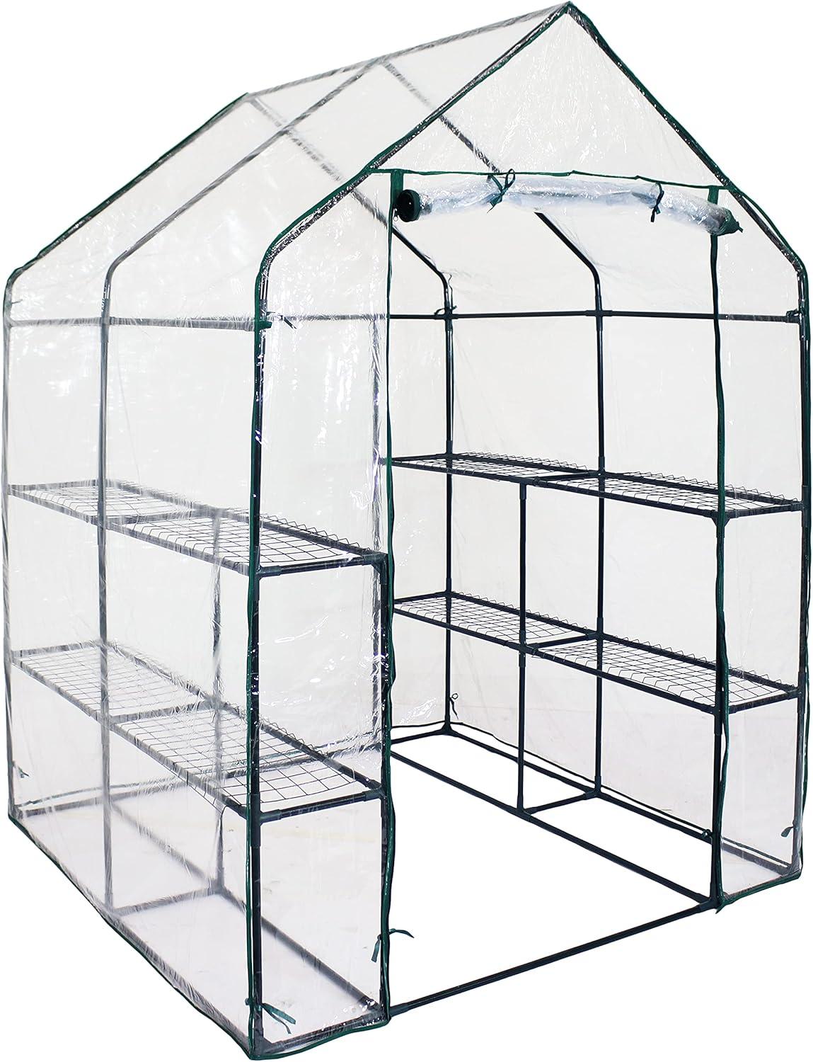 Sunnydaze Outdoor Portable Growing Rack Grandeur Mini Walk-In Greenhouse with Roll-Up Door - 4 Shelves - Clear