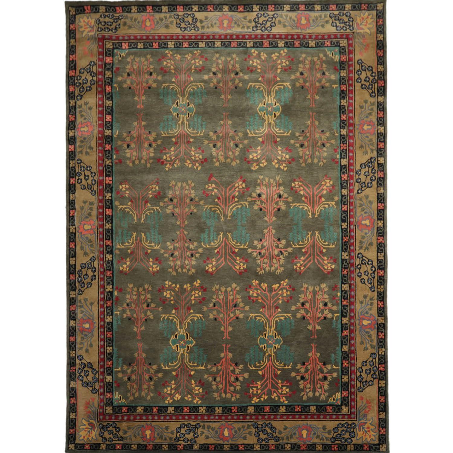 Handmade Gray and Green Wool Oriental 9' x 12' Area Rug