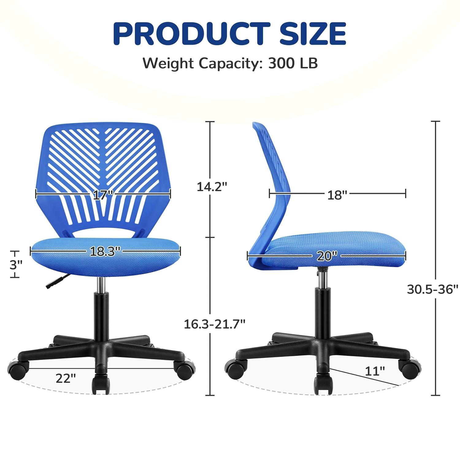 Gexandy Armless Office Chair Back Mesh Desk Chair Computer Chair Ergonomic Task Rolling Swivel Chair Back Support Adjustable Modern Chair with Lumbar Support, Blue