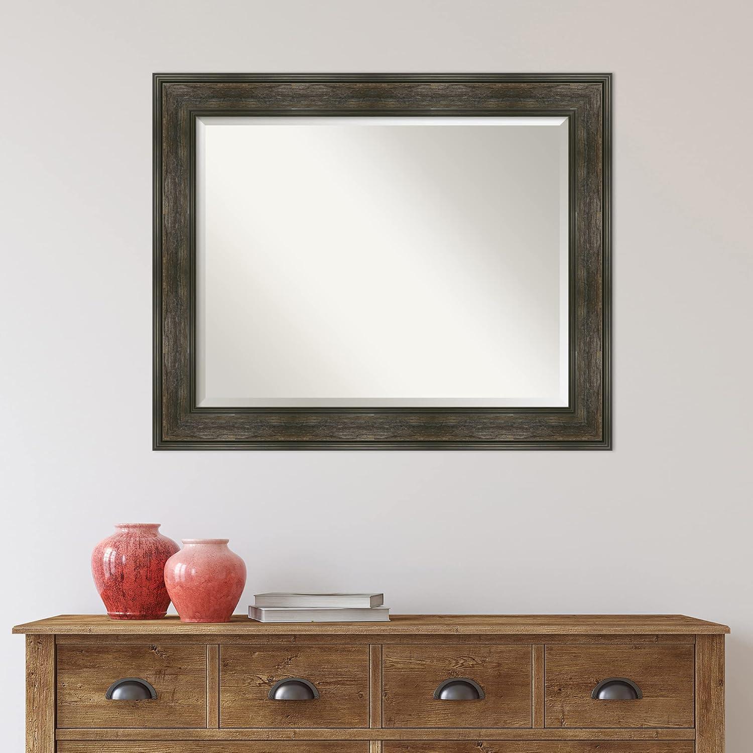 Rail Rustic Char Rectangular Bronze and Silver Bathroom Mirror 34 x 28 in