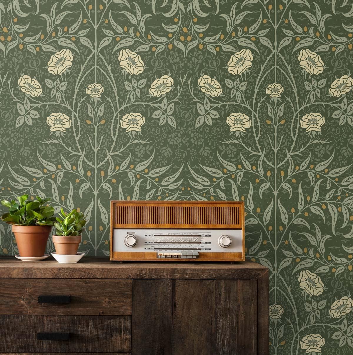 NextWall Stenciled Floral Peel and Stick Wallpaper Green: Vintage Botanical Vinyl, Self-Adhesive, Repositionable, 30.75 Sq Ft Coverage