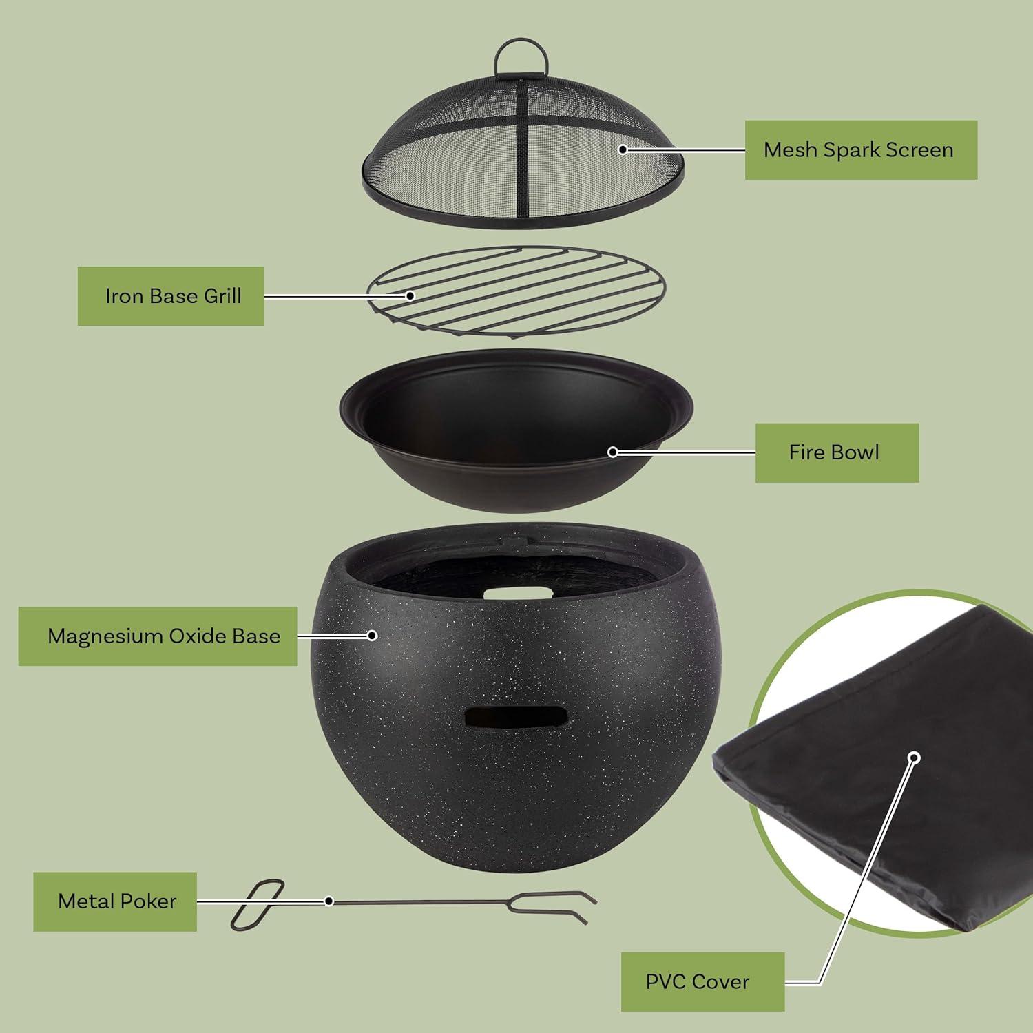 Pure Garden 24" Magnesium Oxide Round Outdoor Fire Pit Set Black: Includes Poker, Cover, 4200 BTU Output