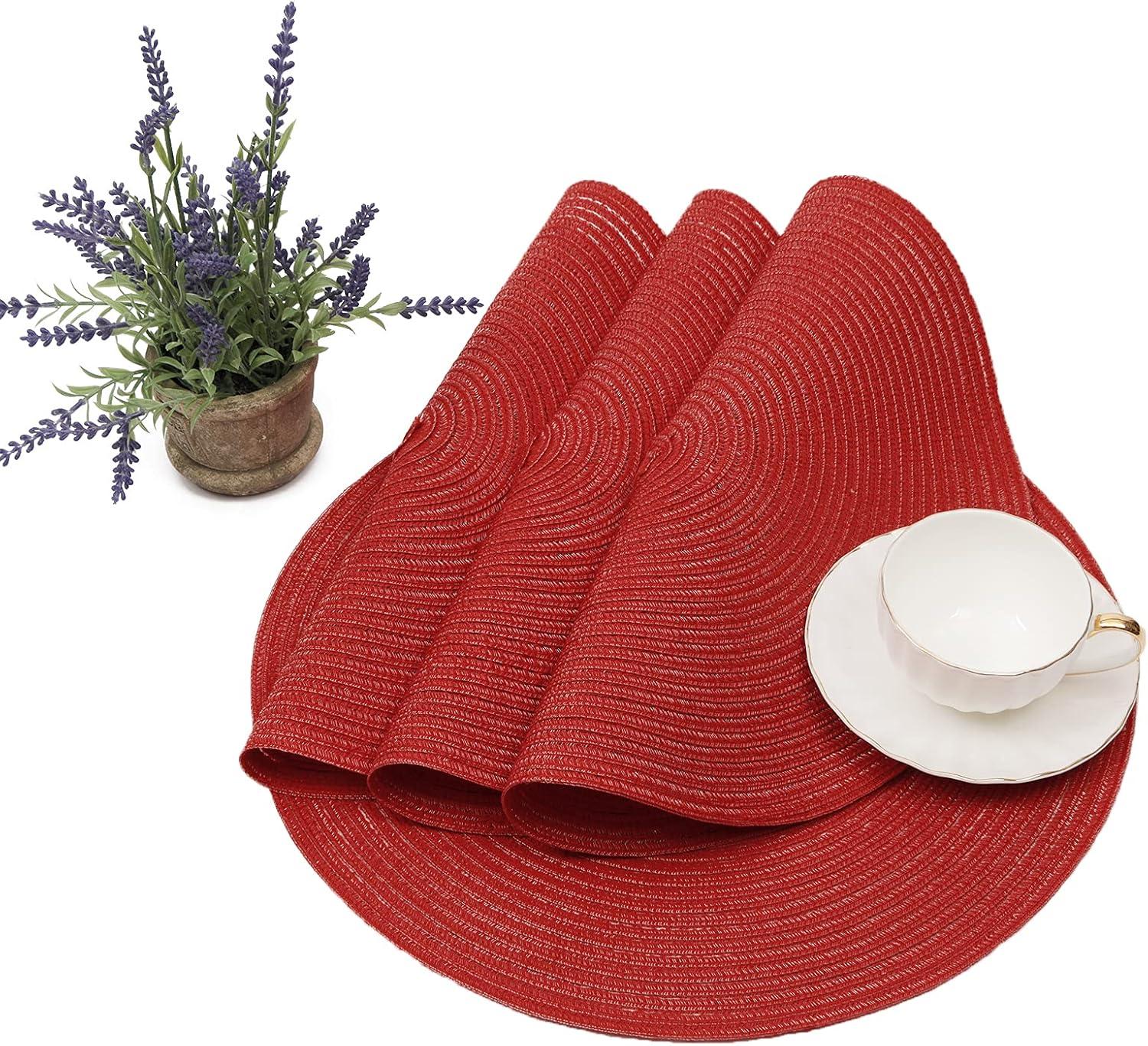 Round Woven Placemats, 4 Pcs, 15" Braided Woven Placemats, Attractive Kitchen Place Mats, Round Placemats as Table Mat (Red)