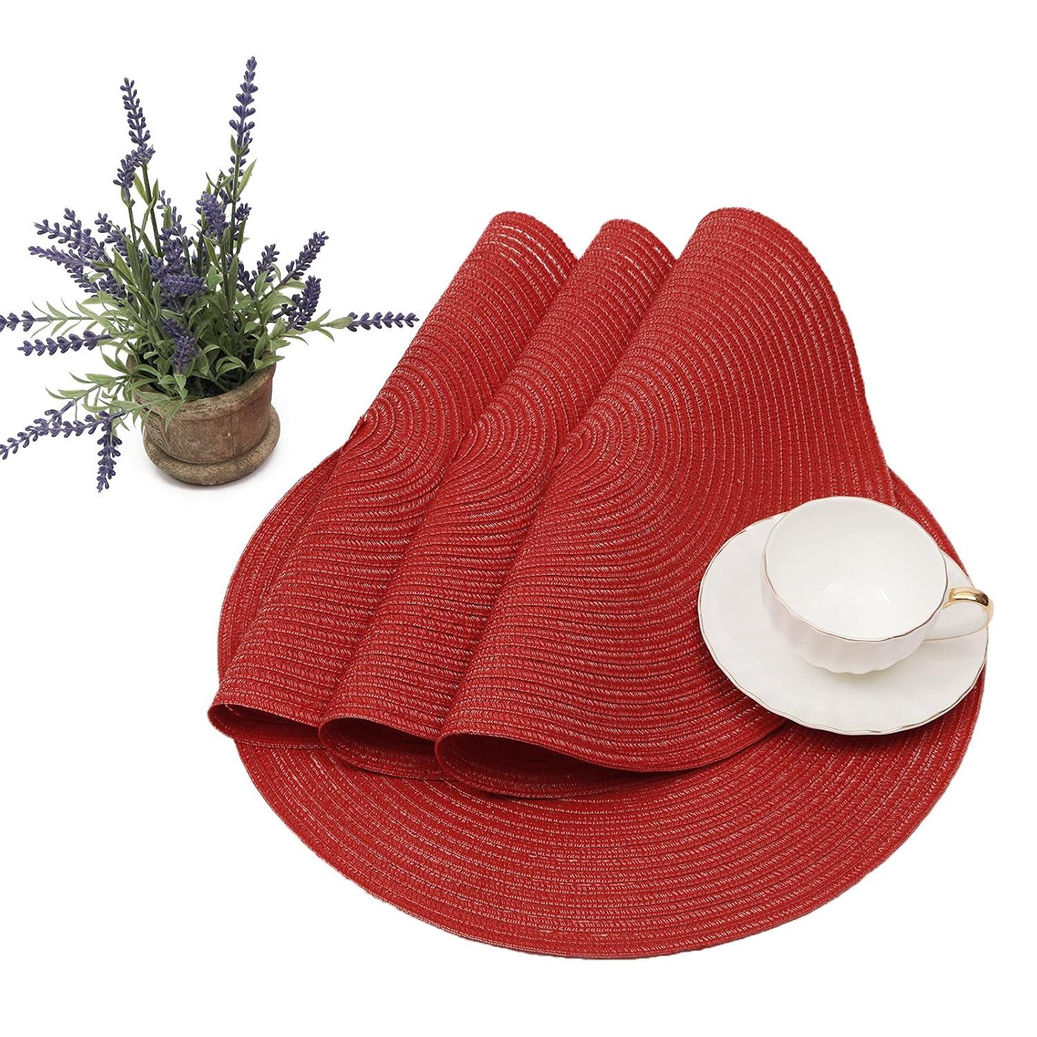 Round Woven Placemats, 4 Pcs, 15" Braided Woven Placemats, Attractive Kitchen Place Mats, Round Placemats as Table Mat (Red)
