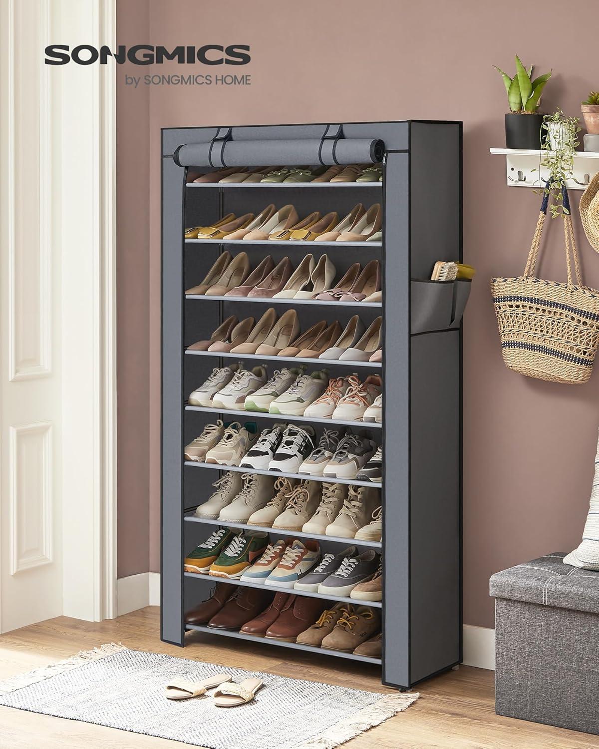 Gray 9-Tier Fabric and Metal Shoe Rack with Cover