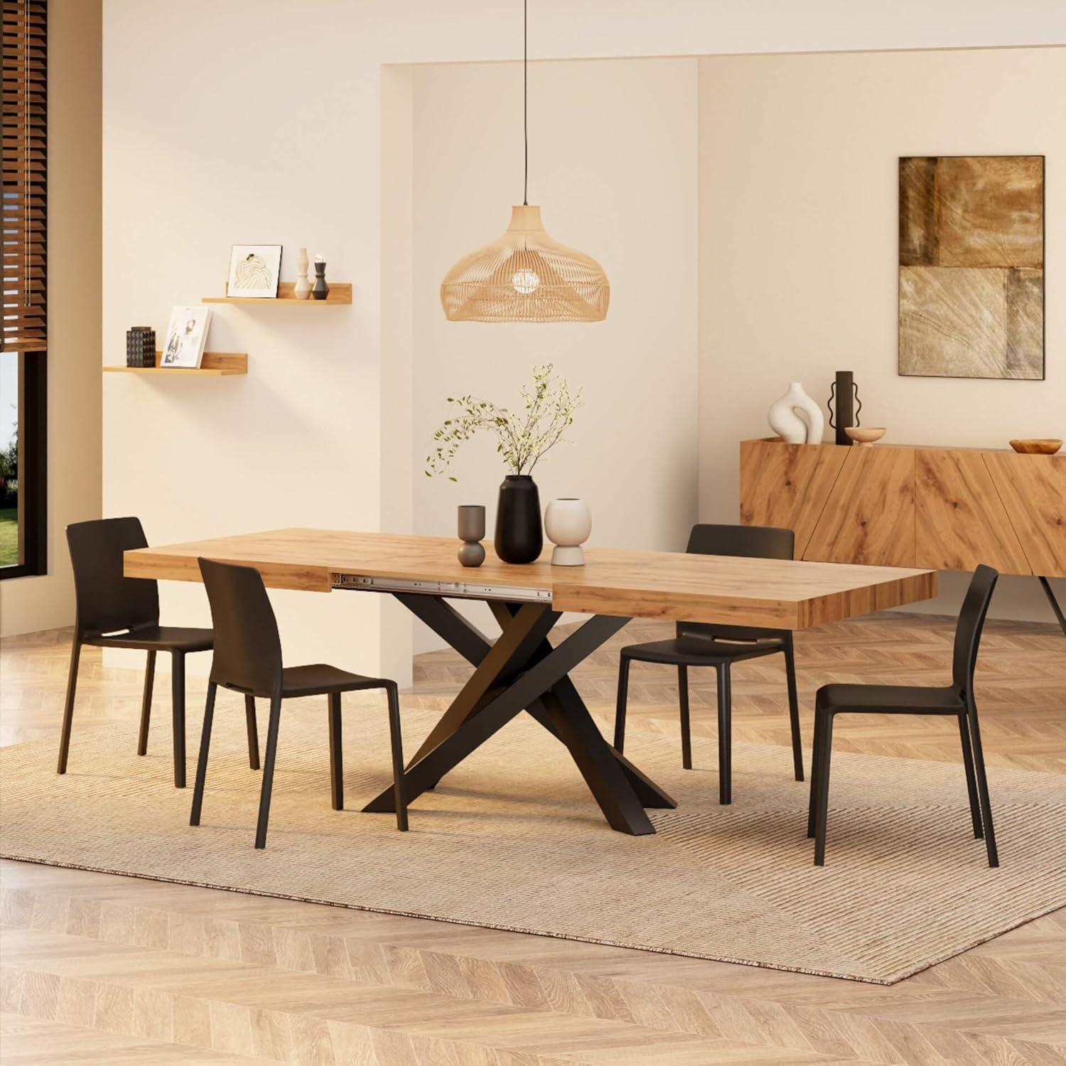 Mobili Fiver, Emma 63(94.5) x35.4 in Extendable Table, Rustic Oak with Black Crossed Legs, for 6-10 People, Expandable Dining Table for Kitchen, Living Room, Italian Furniture