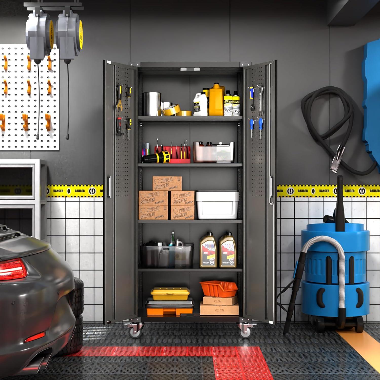 AOBABO 72 Inch Locking Metal Garage Storage Cabinet with Universal Rubber Wheels with Lockable Casters, Pegboards, and Magnetic Doors, Black