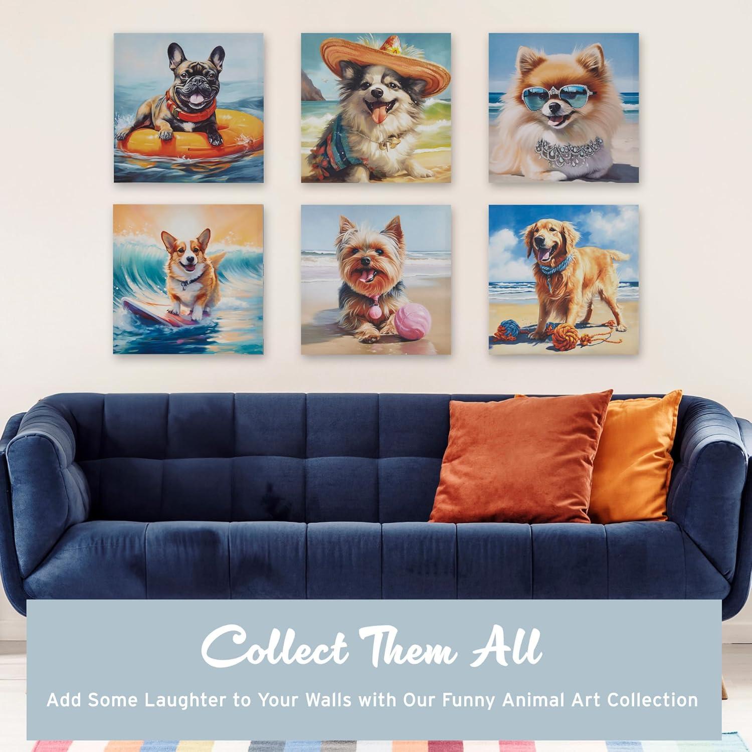 Madison Park 16"x16" Beach Playful Lively Dogs Print Canvas Wall Decor Art Corgi Blue: Farmhouse Style, Animal Theme for Living Room