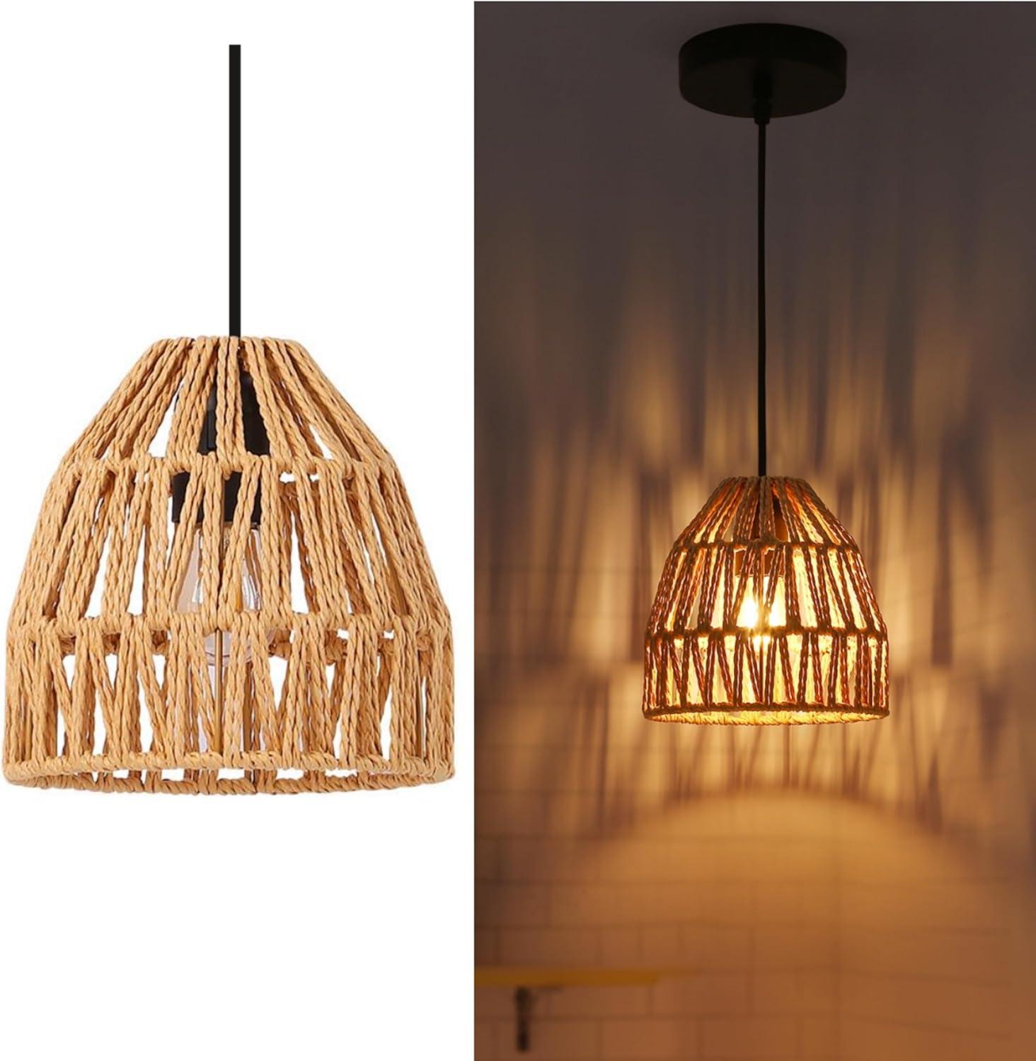 Matte Black and Woven Rattan Lantern Pendant Light