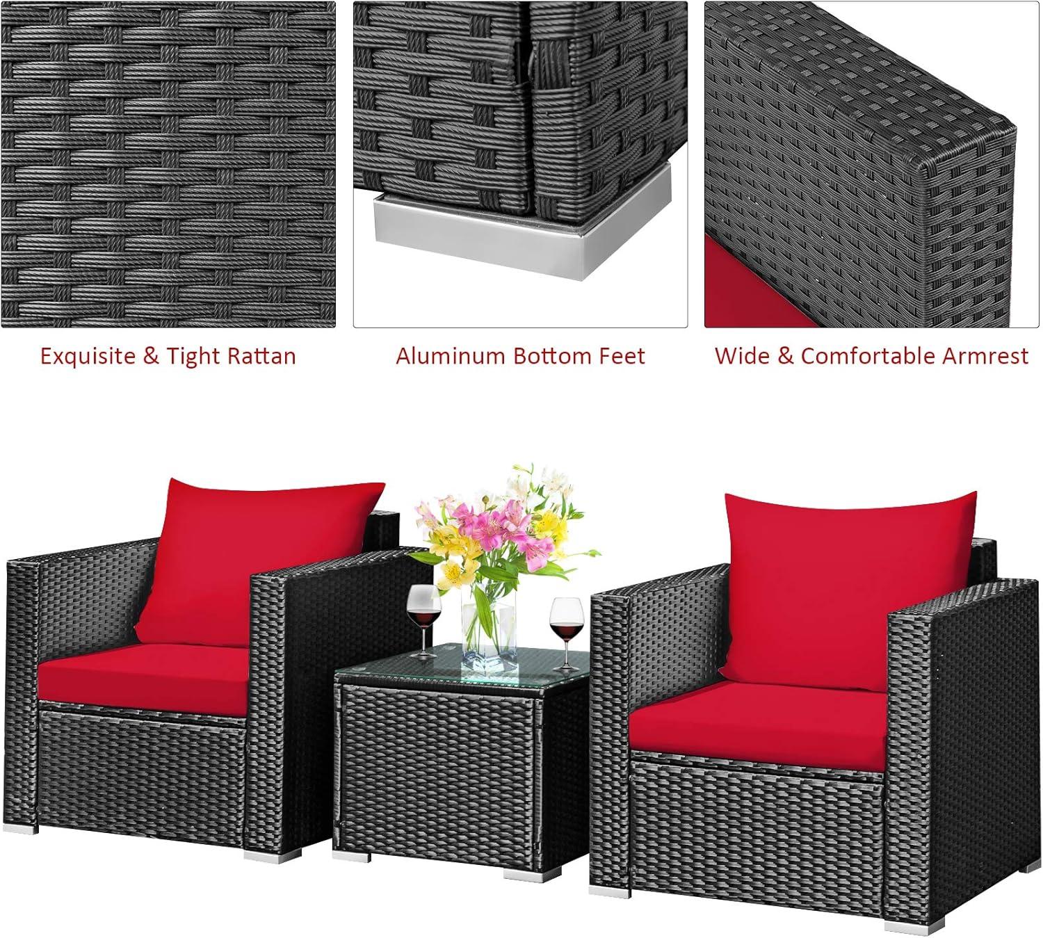 Costway 3PCS Patio Rattan Wicker Furniture Set Sofa Table W/Cushion Yard Red