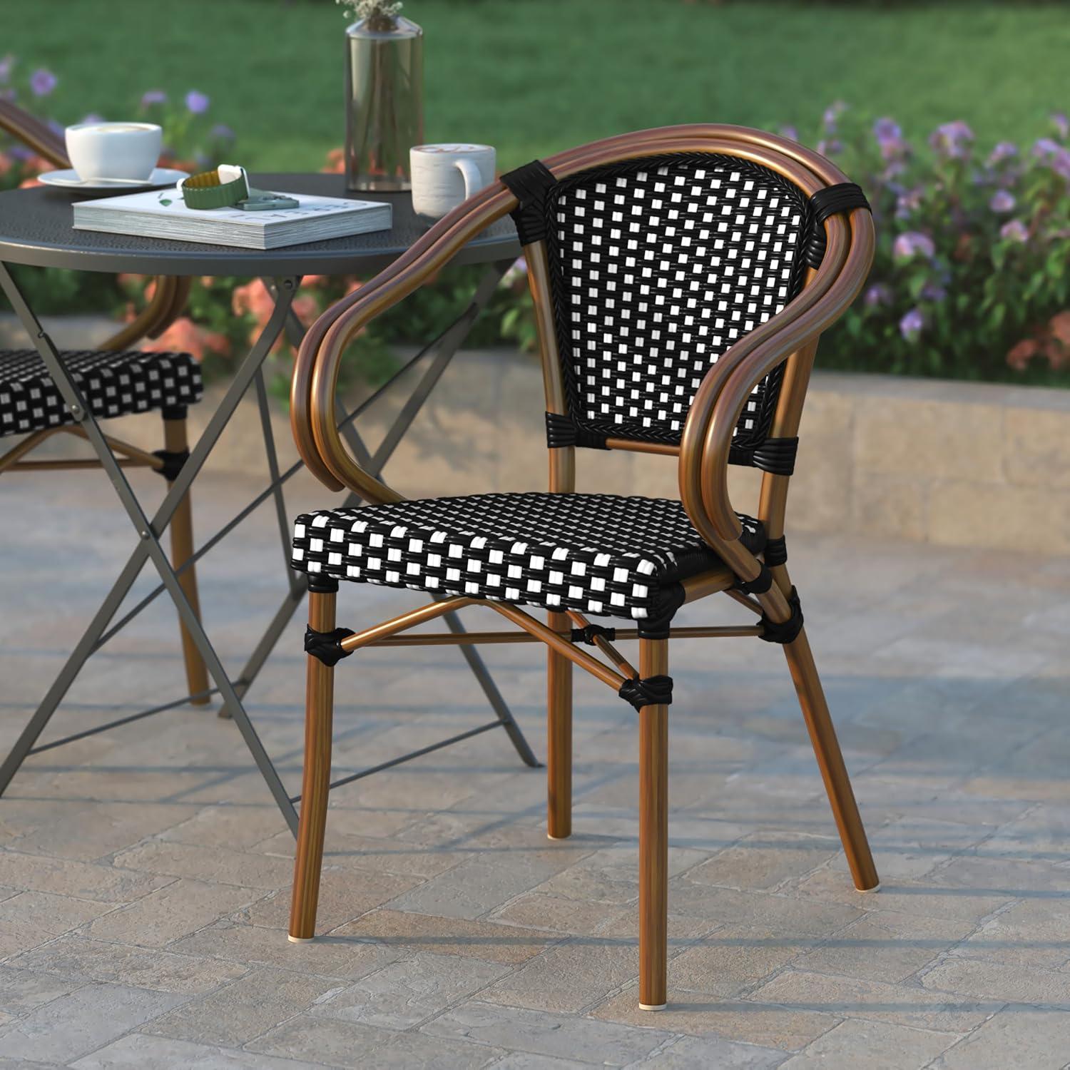 Emma & Oliver Soie Indoor/Outdoor Stacking Thonet Bistro Style Chair with Arms, Black & White PE Rattan Seat and Natural Bamboo Finished Metal Frame