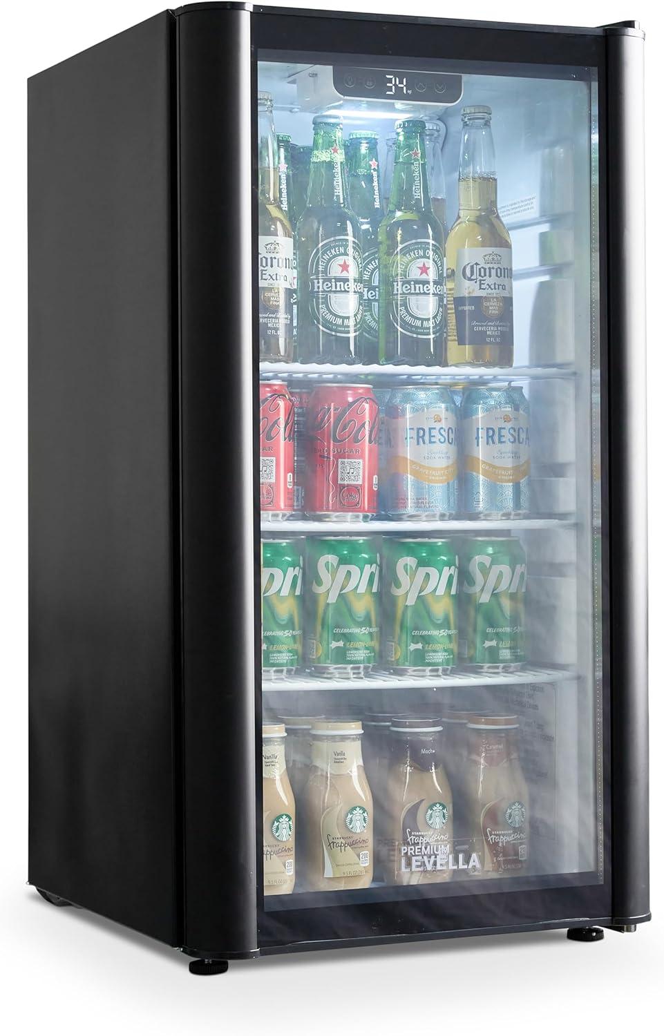 Premium Levella PRF37DX Glass Door Display Refrigerator 3.1 cu ft Commercial Beverage Cooler Merchandiser - Black