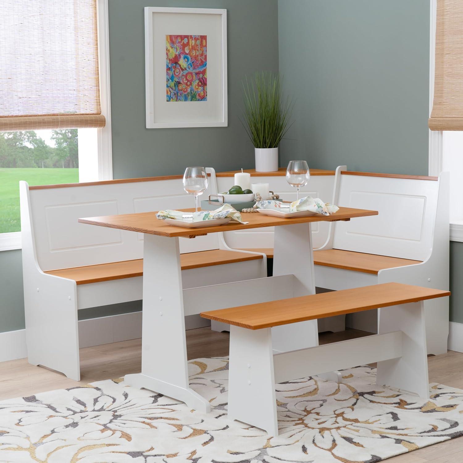 5pc Ardmore Breakfast Storage Corner Nook Dining Set Wood/White/Natural - Linon: Chic Farmhouse Style, Seats 6