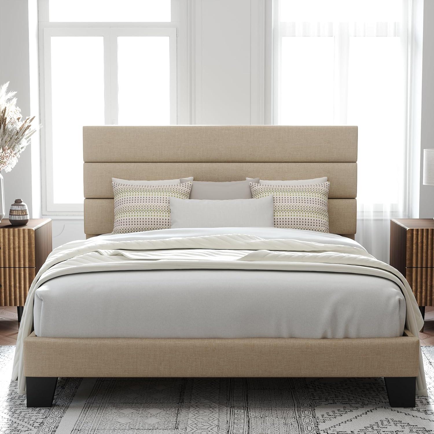 Beige Queen Upholstered Platform Bed with Wooden Slats